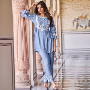 Blue Floral Embroidered Rayon Co Ord Set