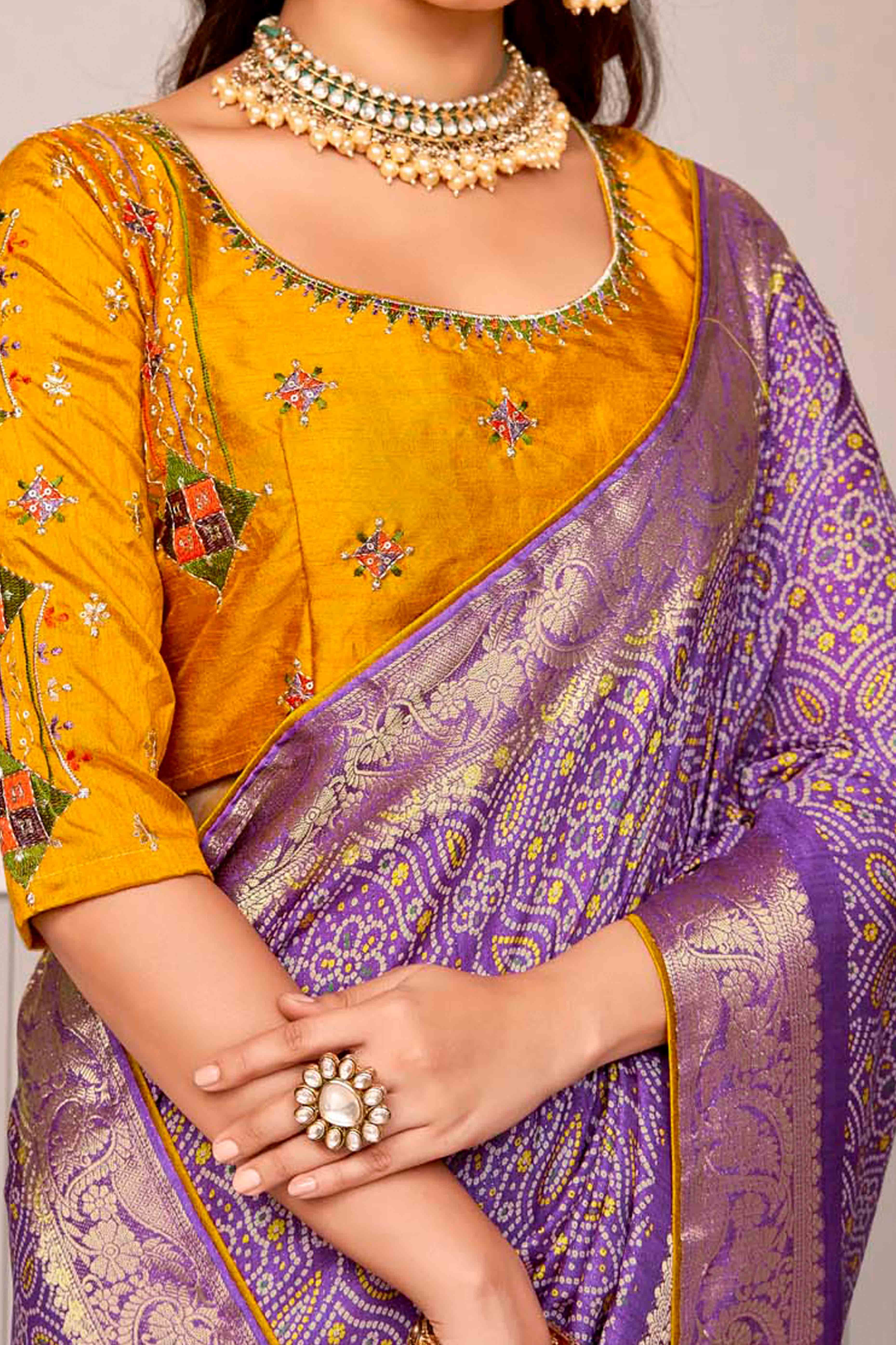 Purple Bandhani Printed Crepe Saree With Woven Border