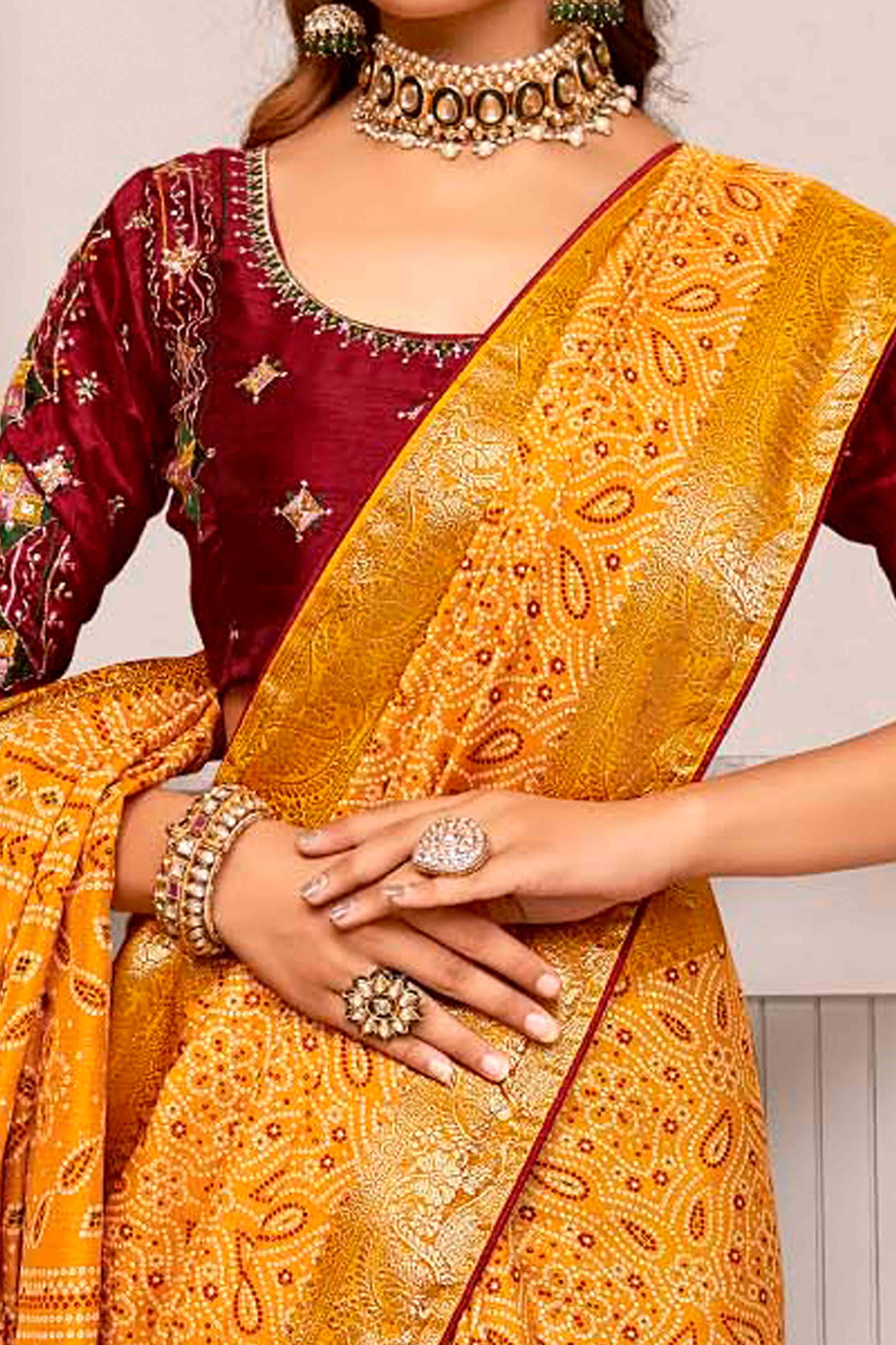 Mustard Bandhani Printed Crepe Saree With Woven Border