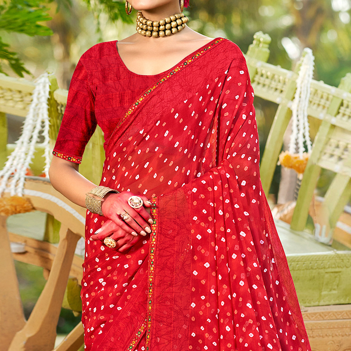 Red Bandhani Printed Georgette Saree