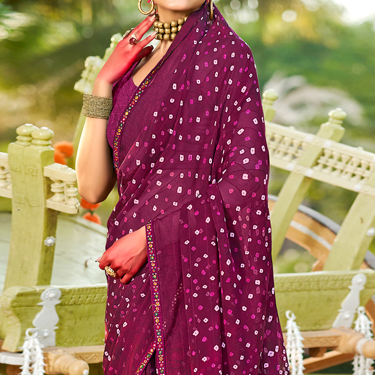 Wine Bandhani Printed Georgette Saree