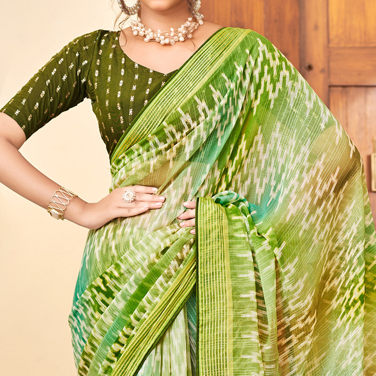 Green Ikkat Printed Chiffon Saree