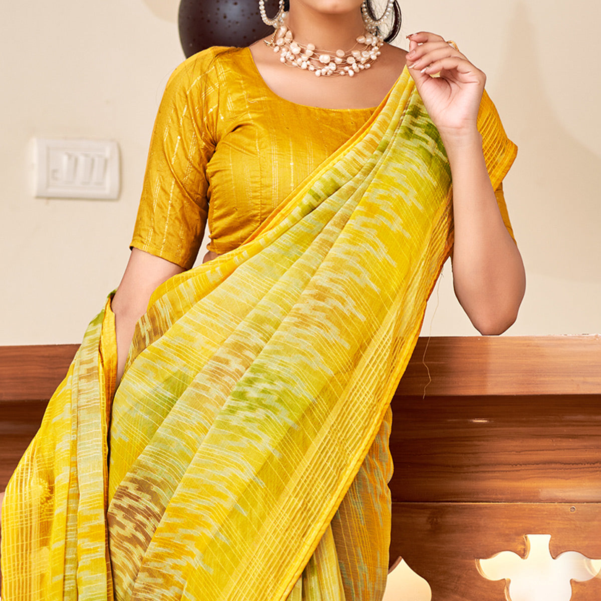 Yellow Ikkat Printed Chiffon Saree