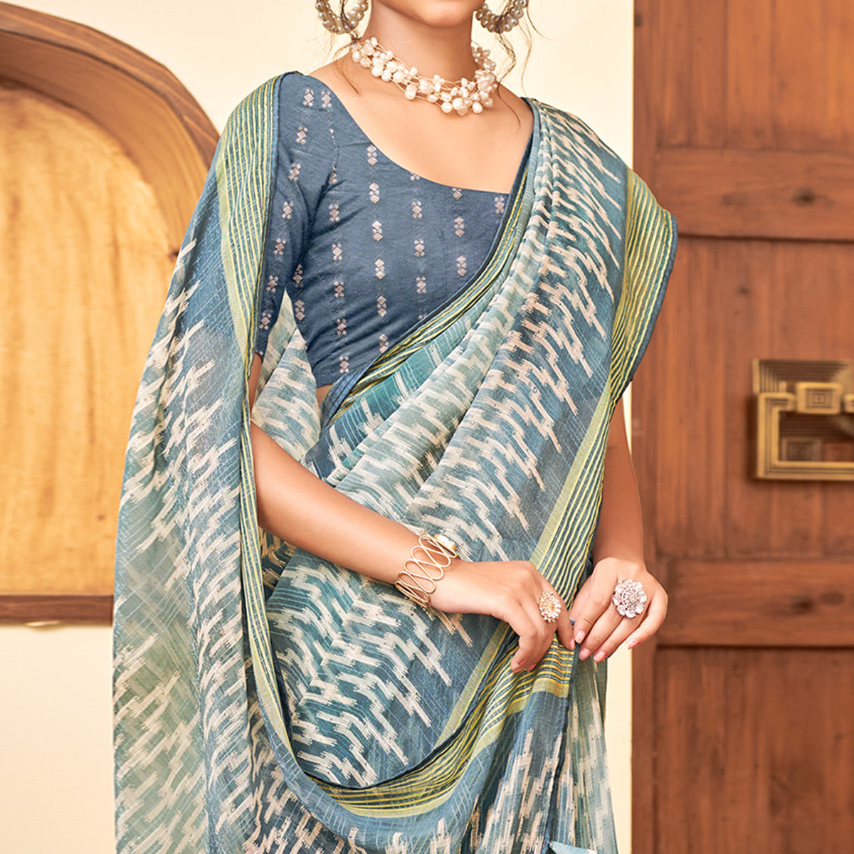 Grey Ikkat Printed Chiffon Saree