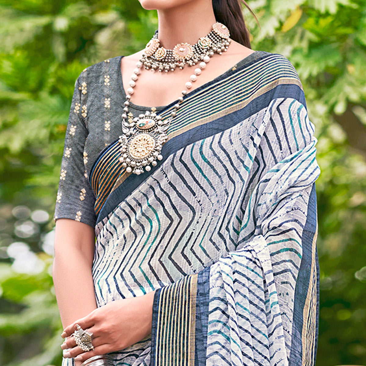 Grey Leheriya Printed Chiffon Saree