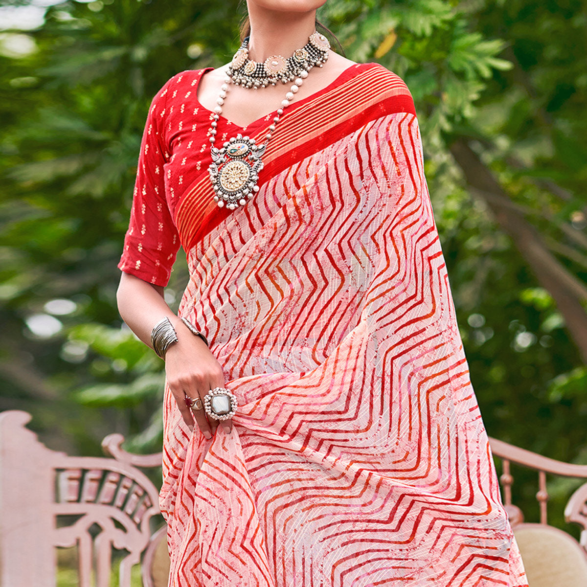 Red Leheriya Printed Chiffon Saree
