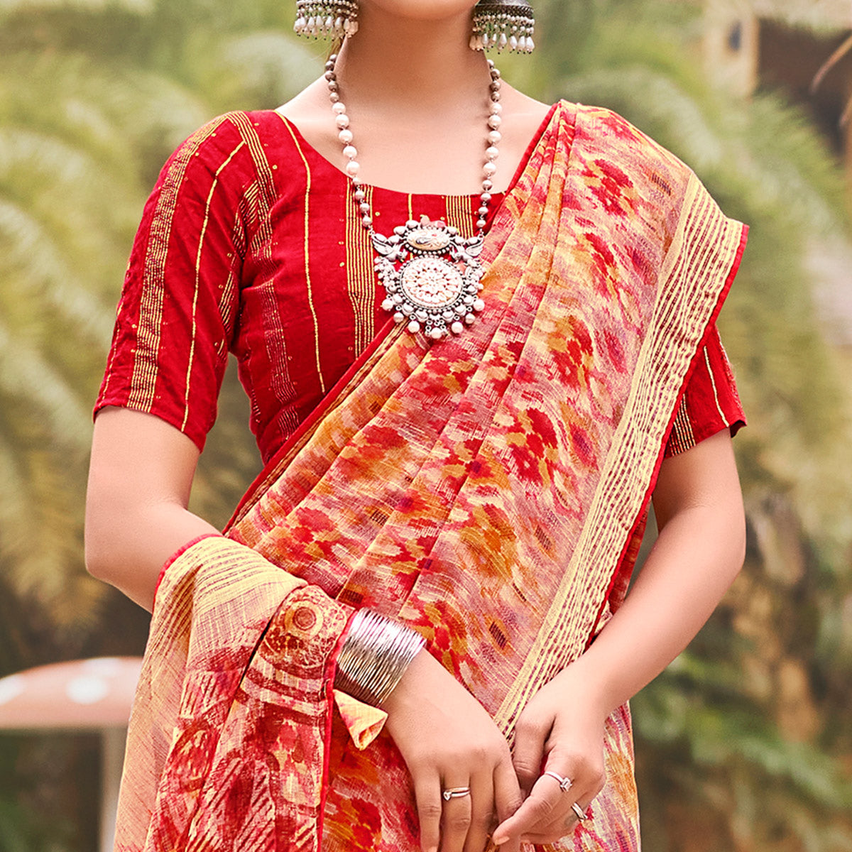 Red Abstract Printed Chiffon Saree