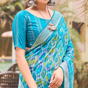 Blue Abstract Printed Chiffon Saree