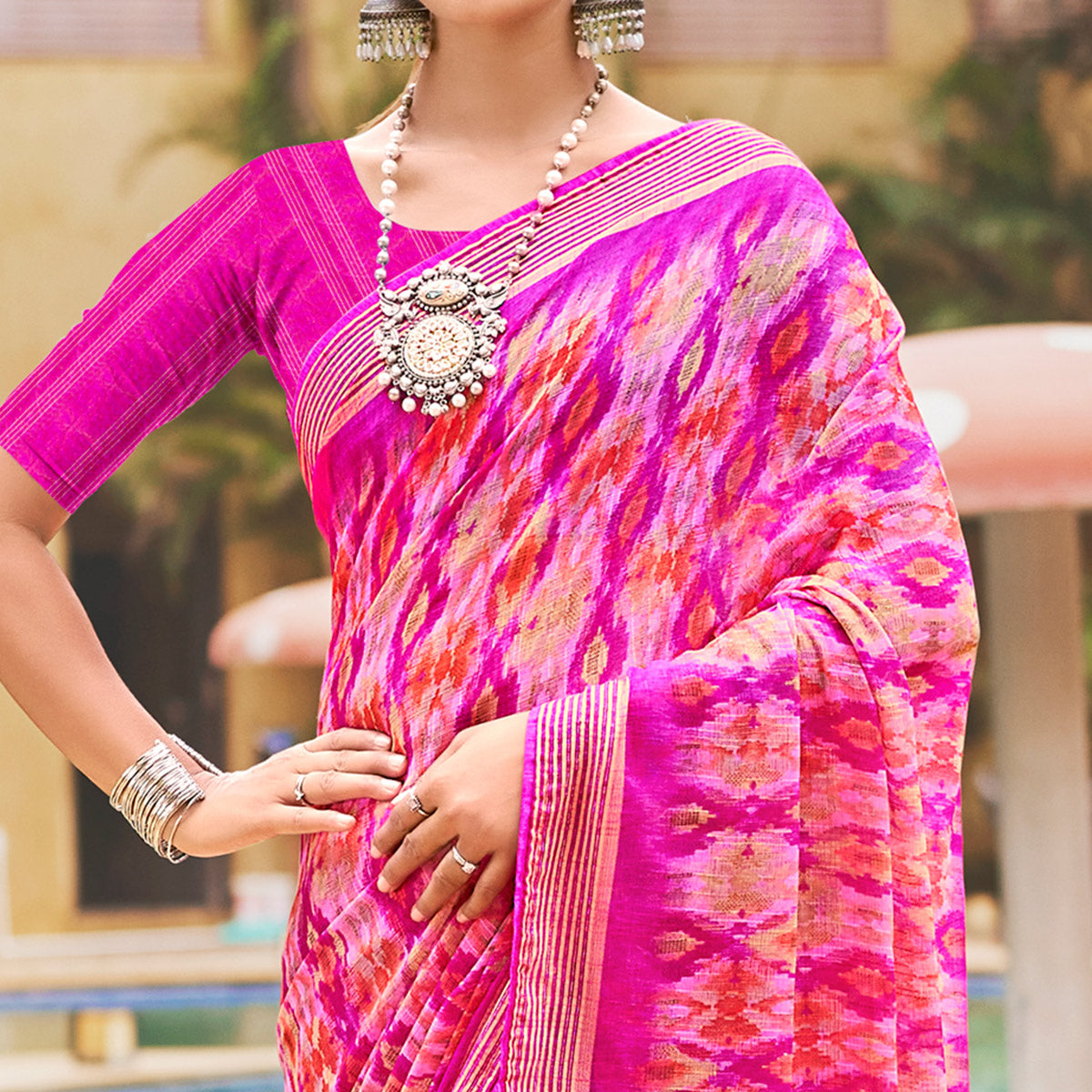 Rani Pink Abstract Printed Chiffon Saree
