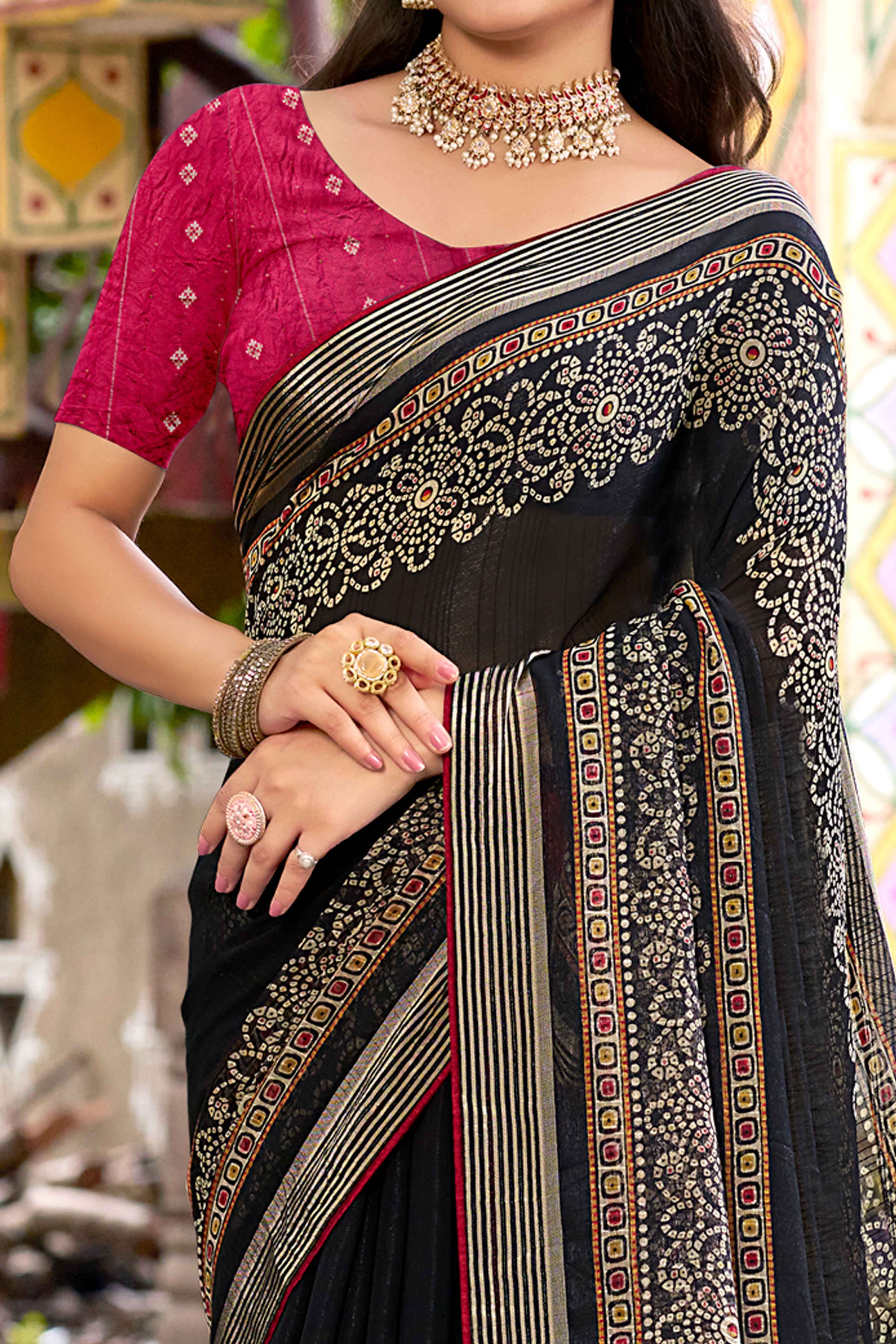 Black Bandhani Printed Shimmer Chiffon Saree