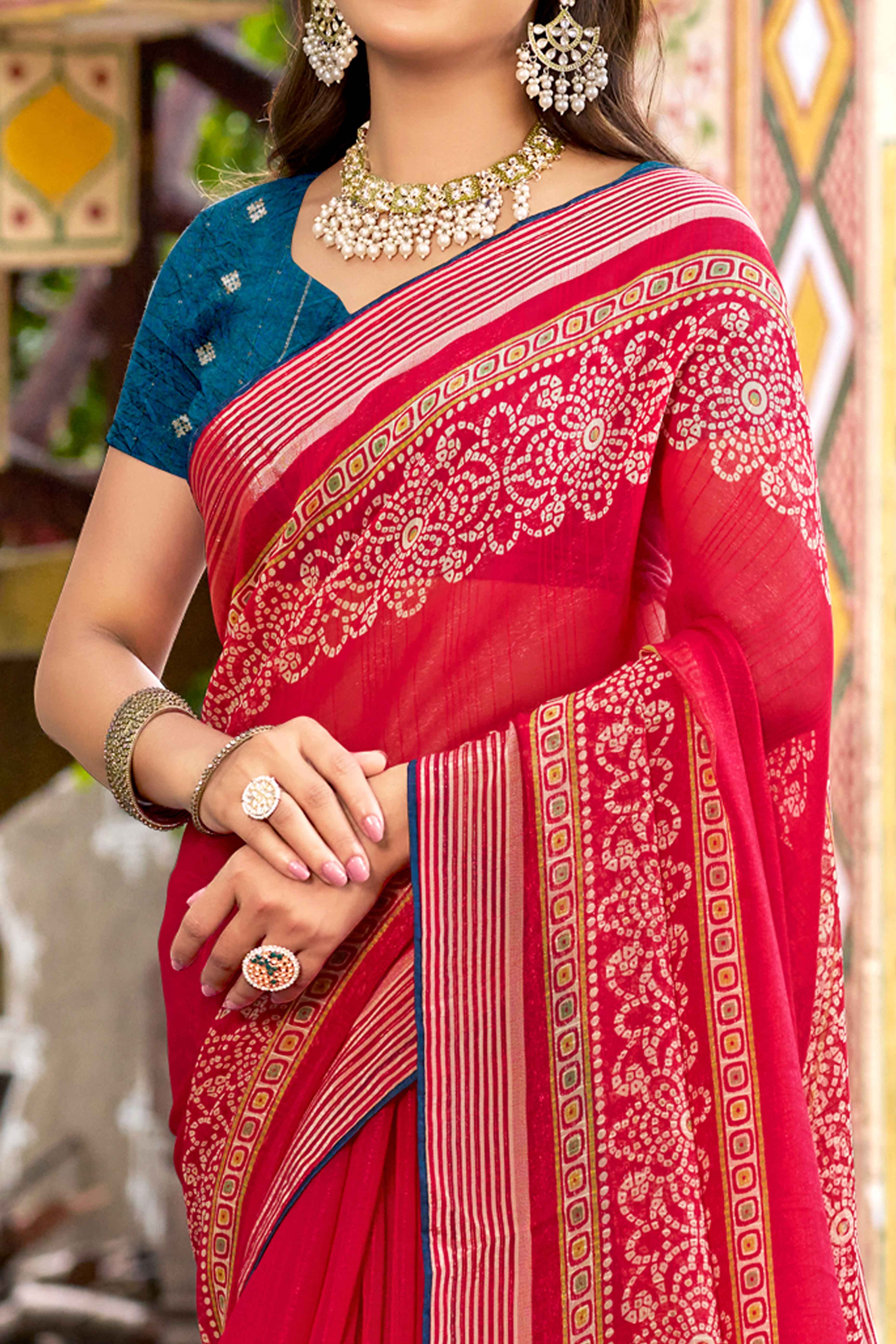 Cherry Red Bandhani Printed Shimmer Chiffon Saree