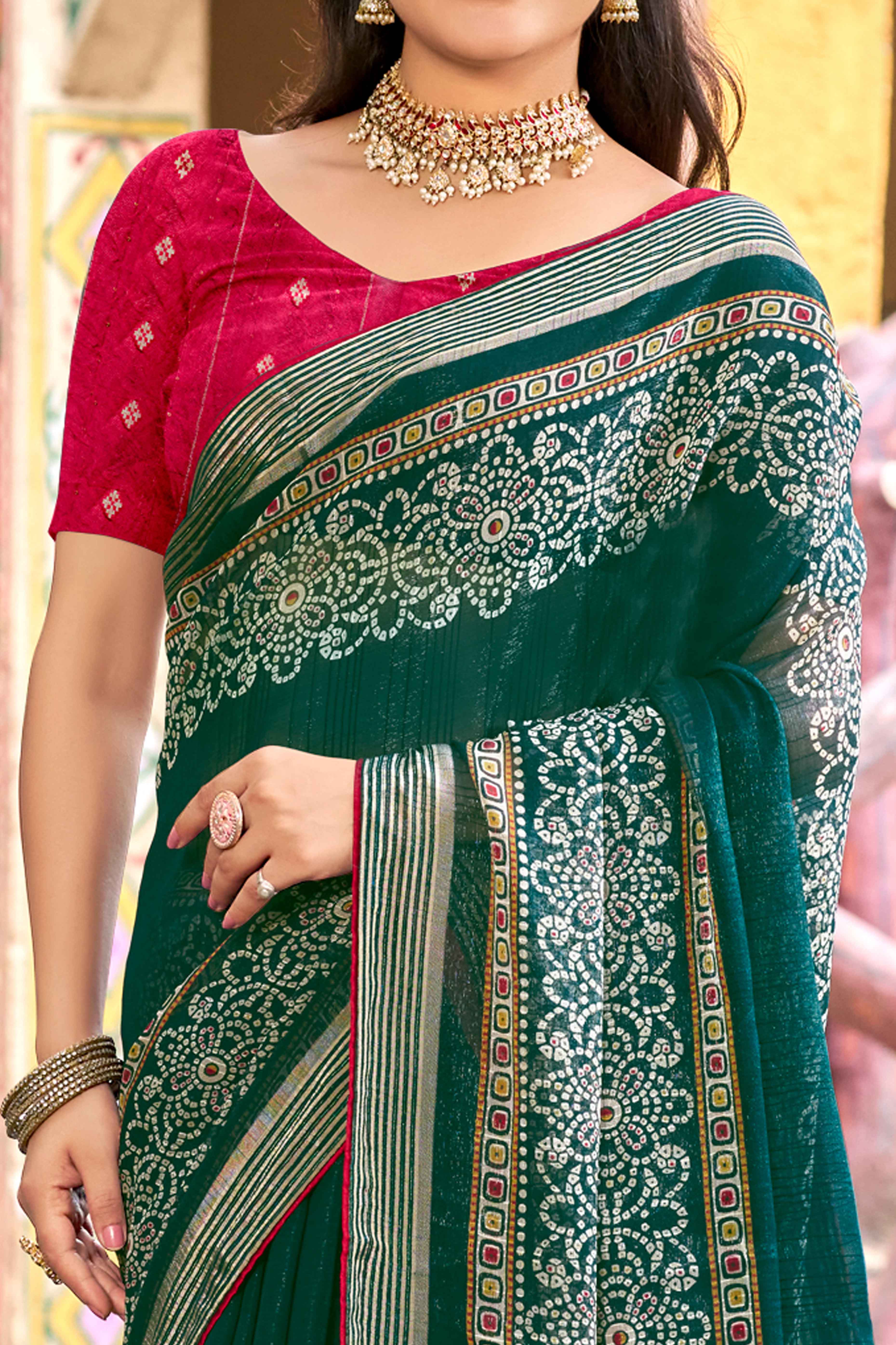 Rama Green Bandhani Printed Shimmer Chiffon Saree