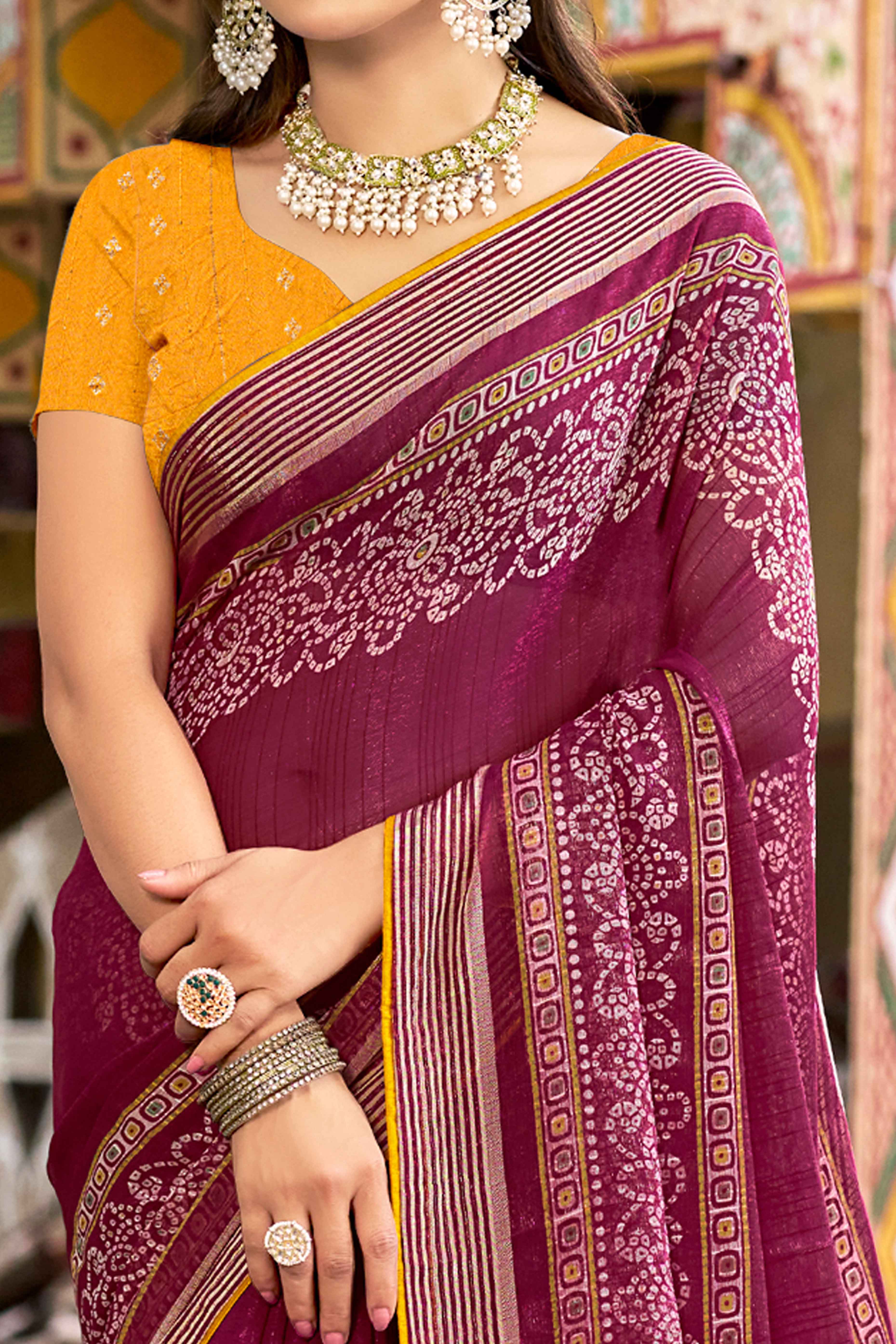 Dark Magenta Bandhani Printed Shimmer Chiffon Saree