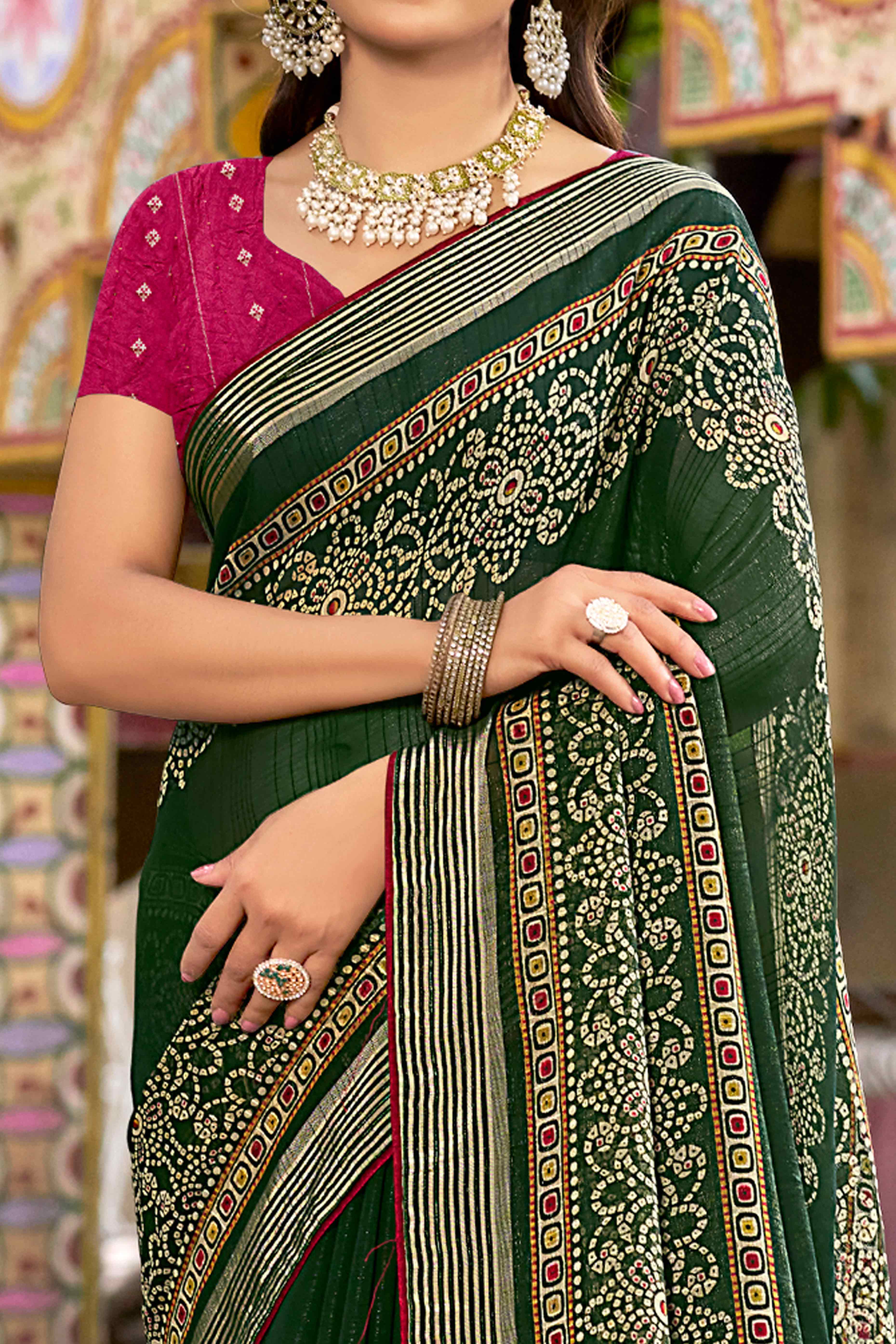 Bottle Green Bandhani Printed Shimmer Chiffon Saree