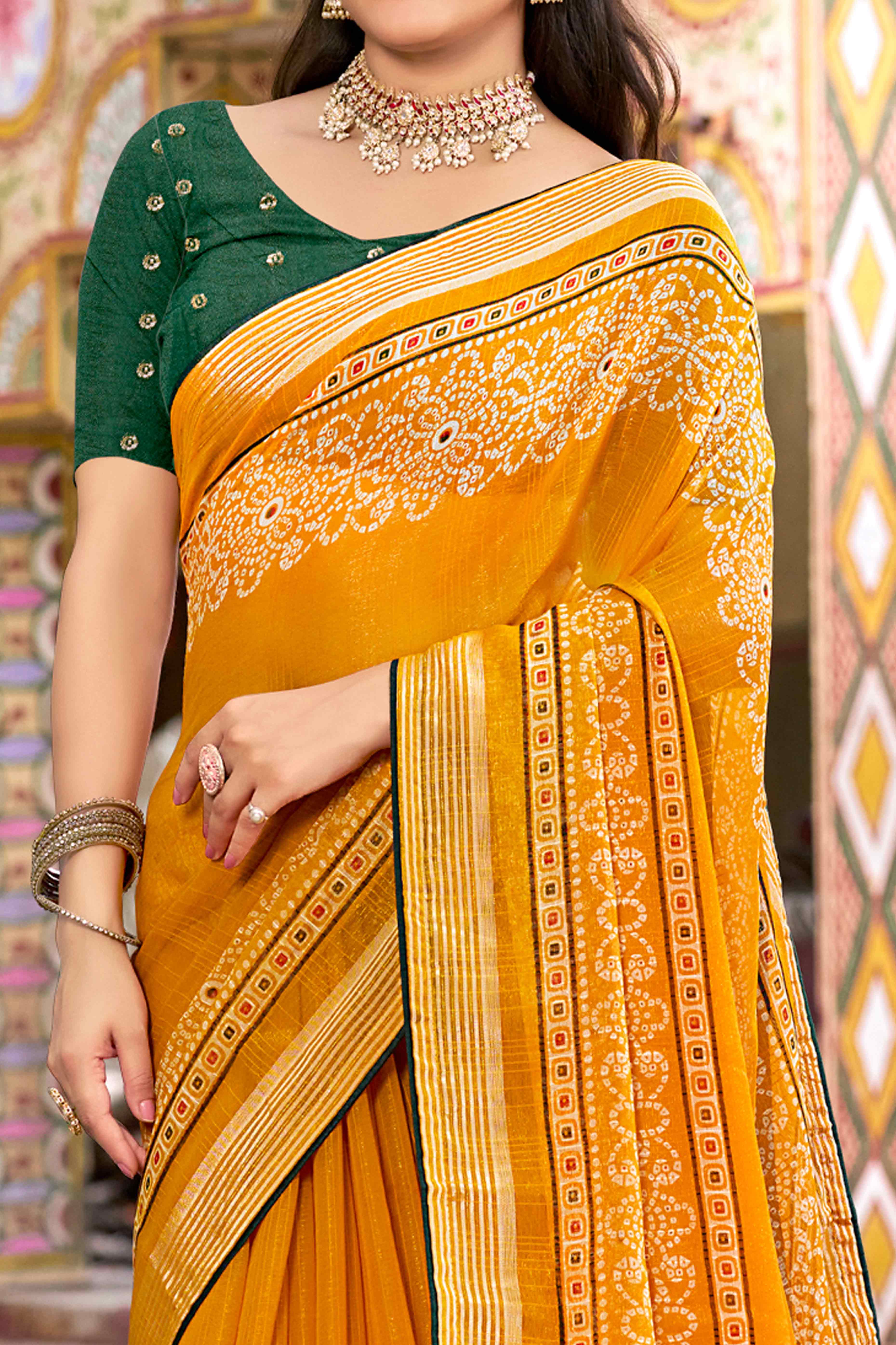 Mustard Bandhani Printed Shimmer Chiffon Saree