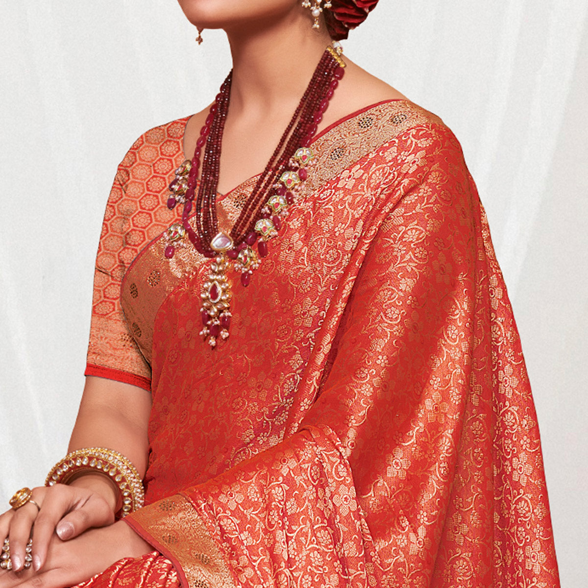 Red Floral Zari Work Pure Silk Saree With Tassels