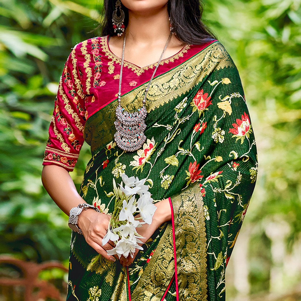 Green Floral Woven Dola Silk Saree With Tassels