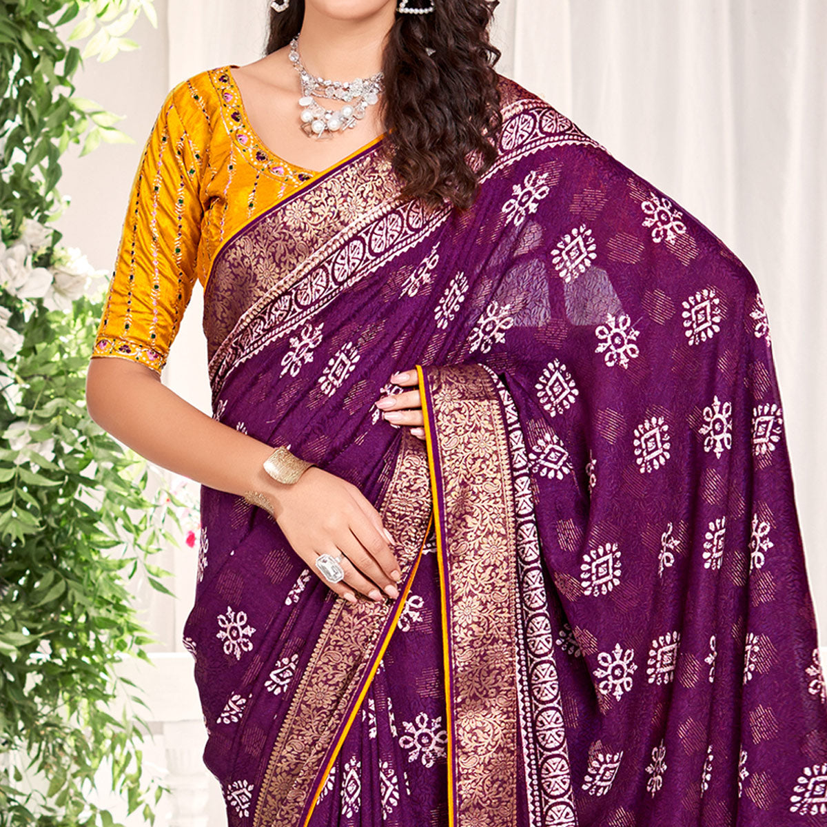 Purple Floral Printed Dola Silk Saree