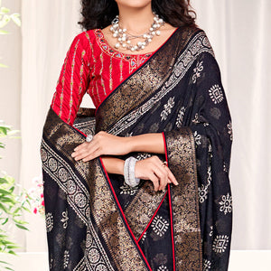 Black Floral Printed Dola Silk Saree