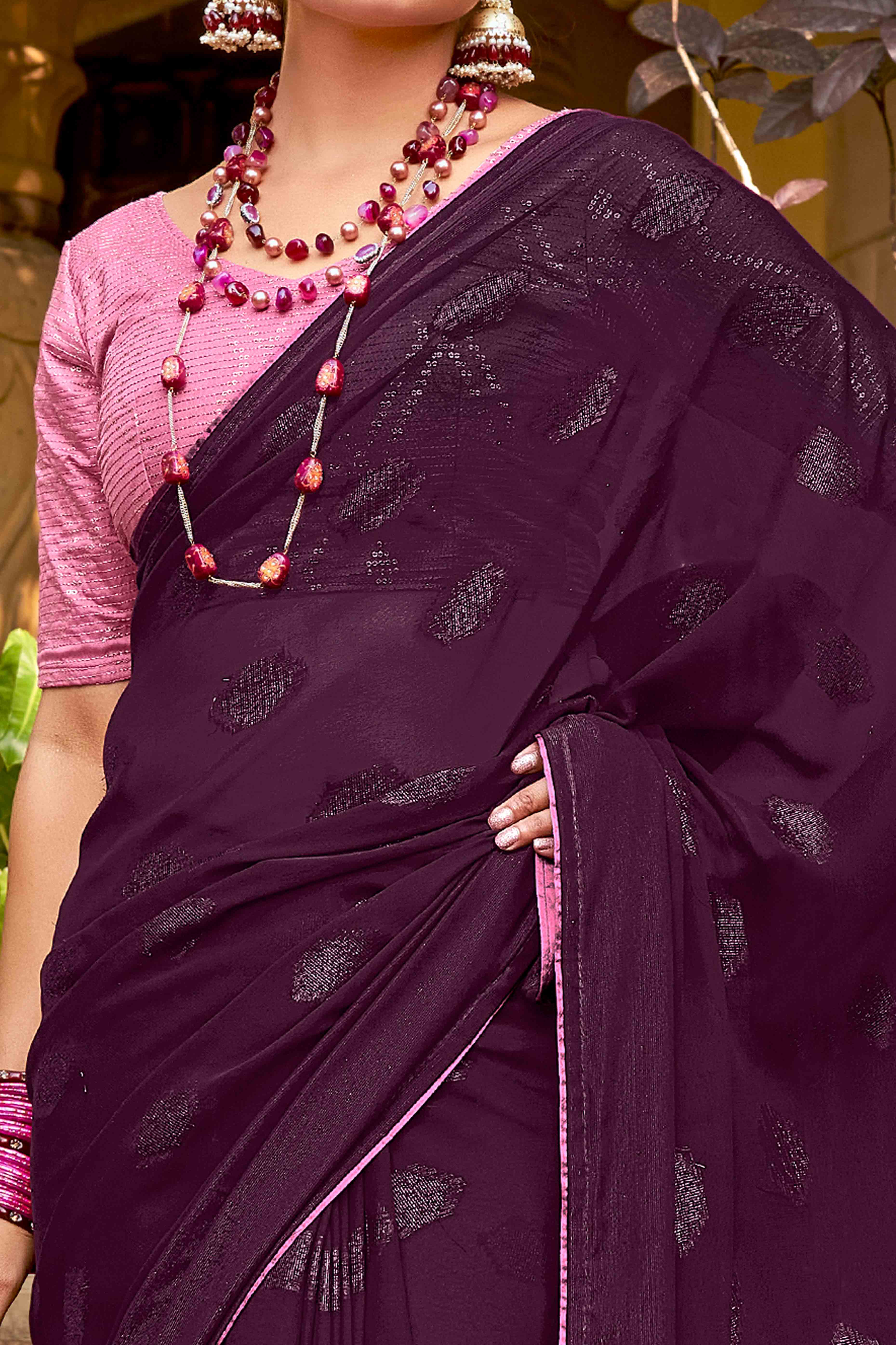 Wine Woven Georgette Saree With Tassels