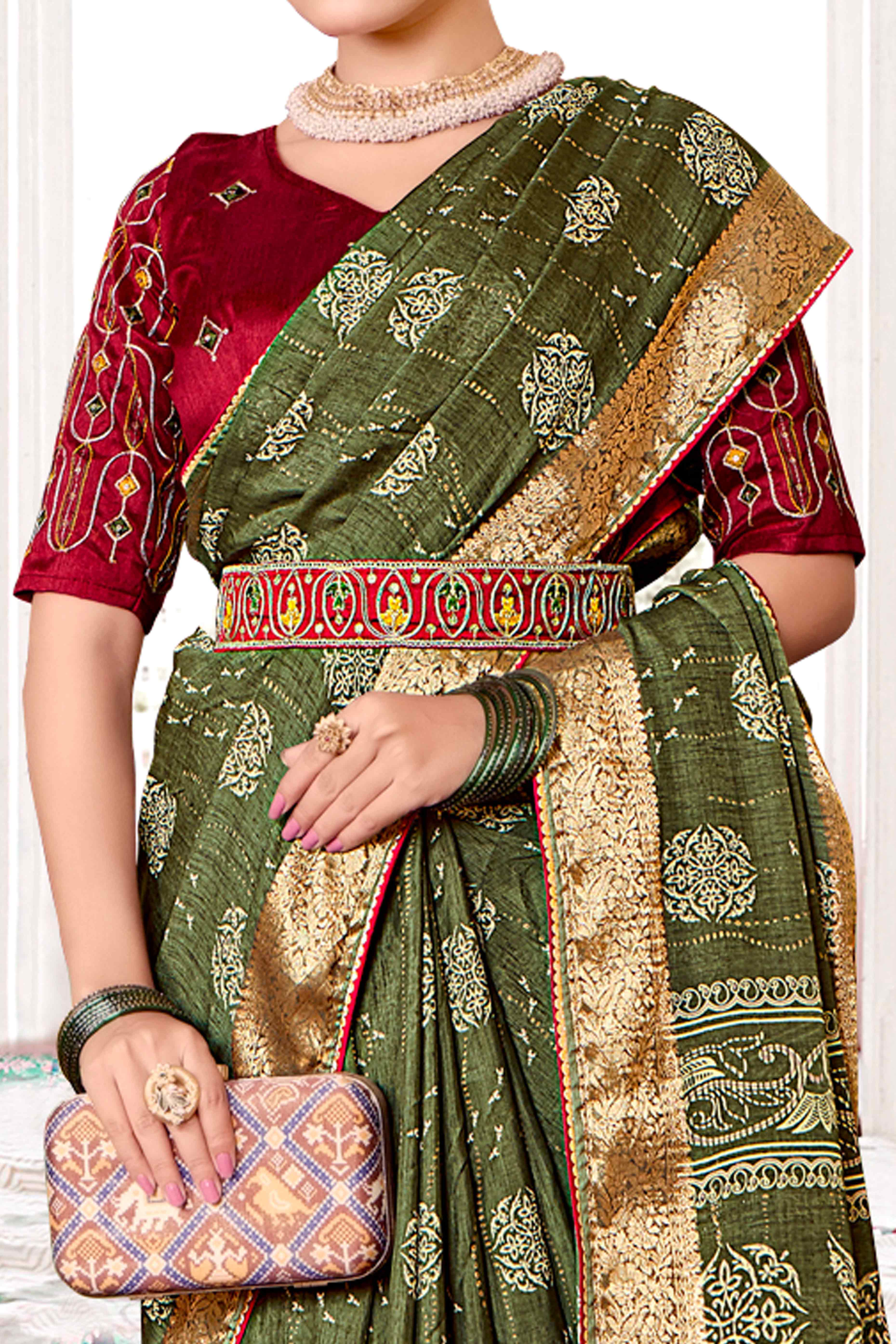 Mehendi Green Floral Printed Muslin Saree With Woven Border