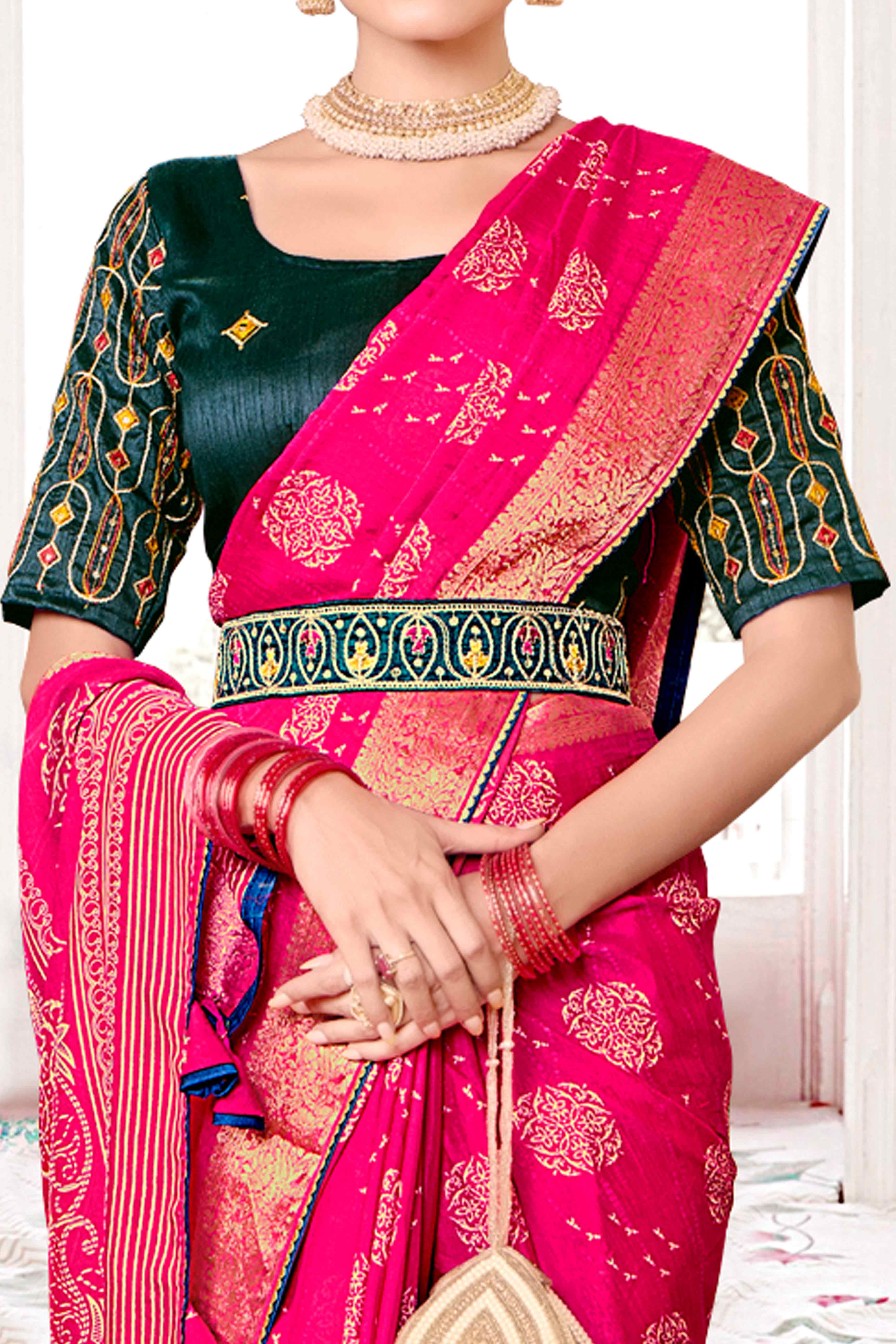 Rani Pink Floral Printed Muslin Saree With Woven Border