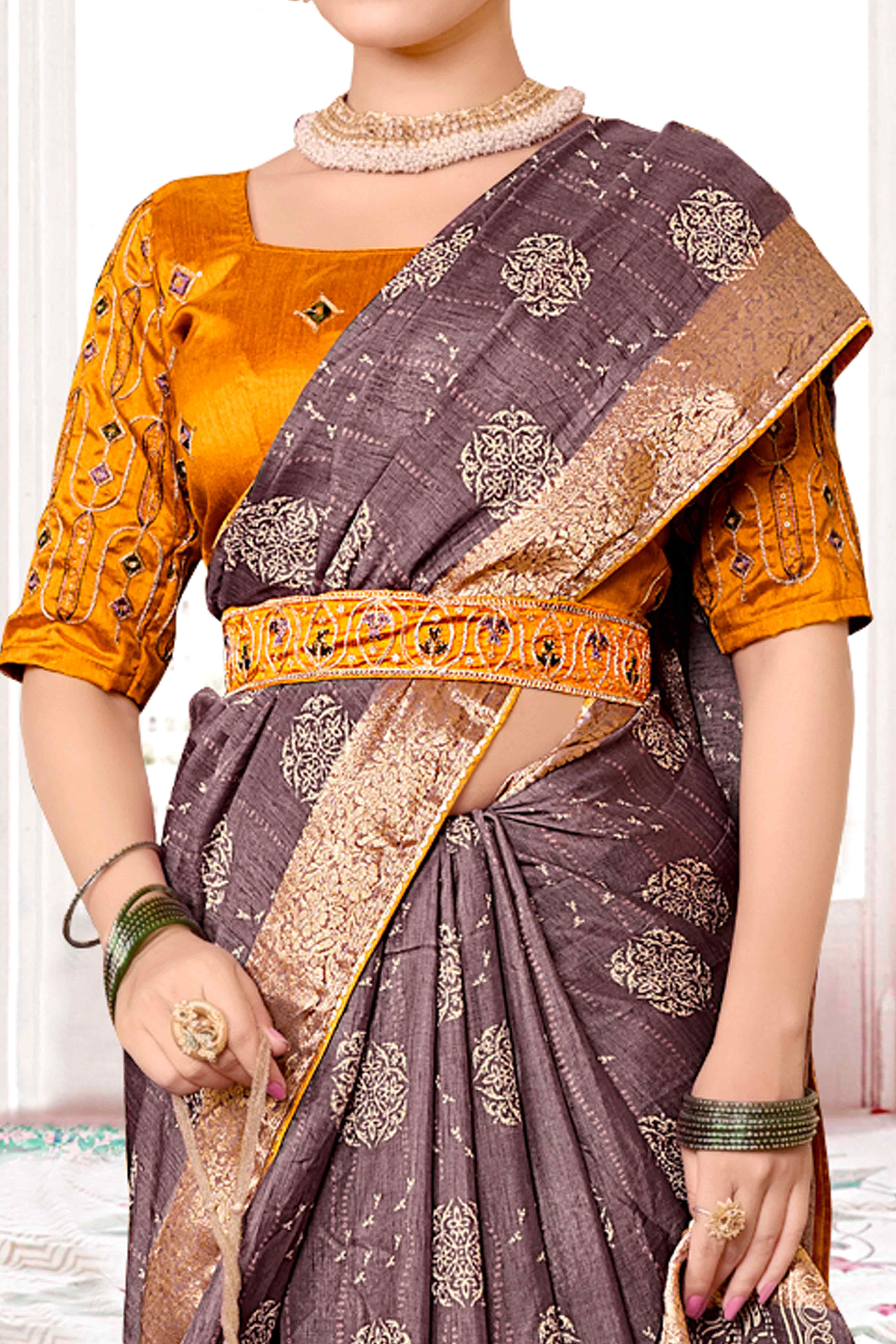 Light Mauve Floral Printed Muslin Saree With Woven Border