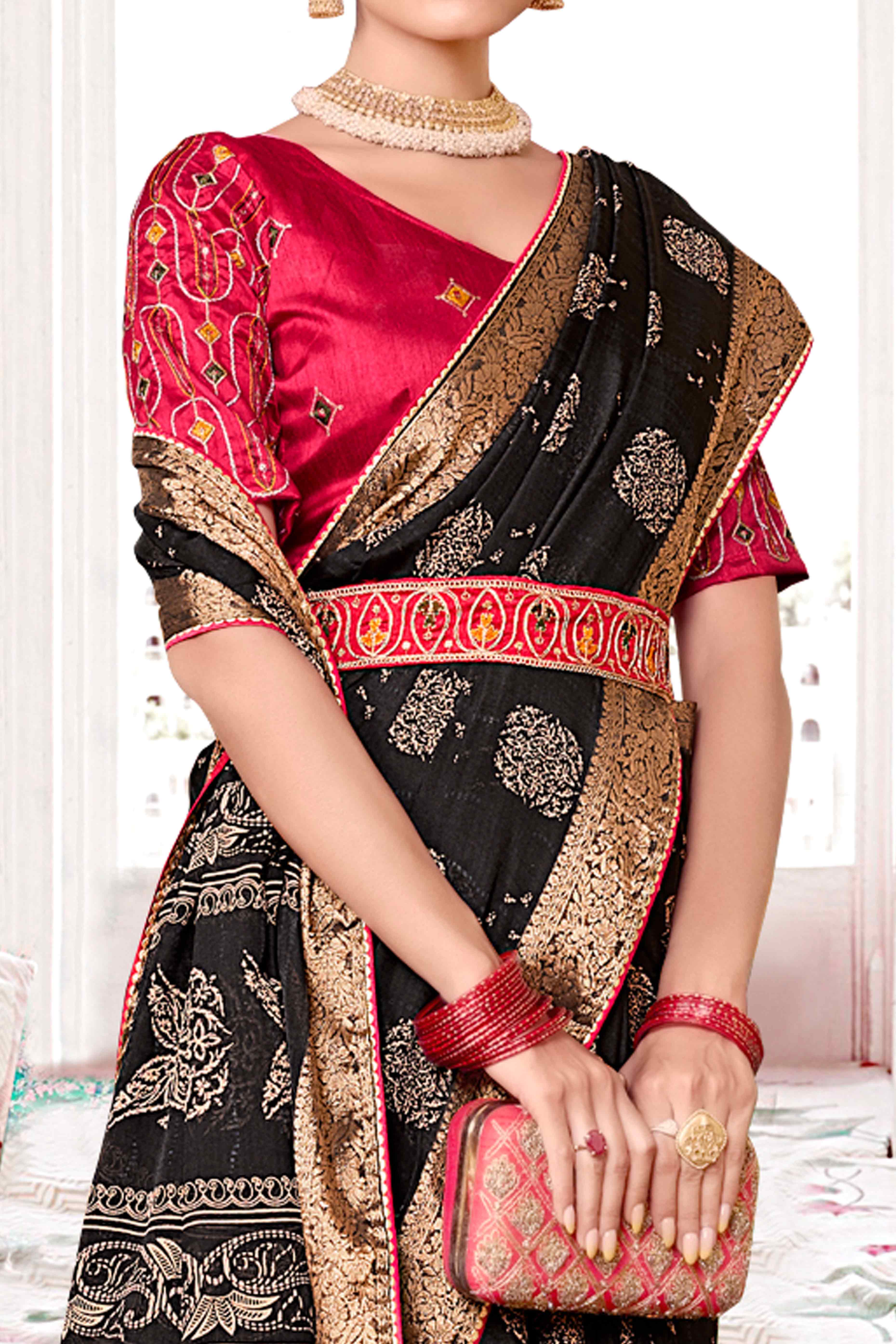 Black Floral Printed Muslin Saree With Woven Border