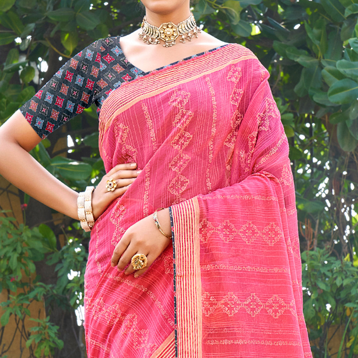 Pink Printed Chiffon Saree