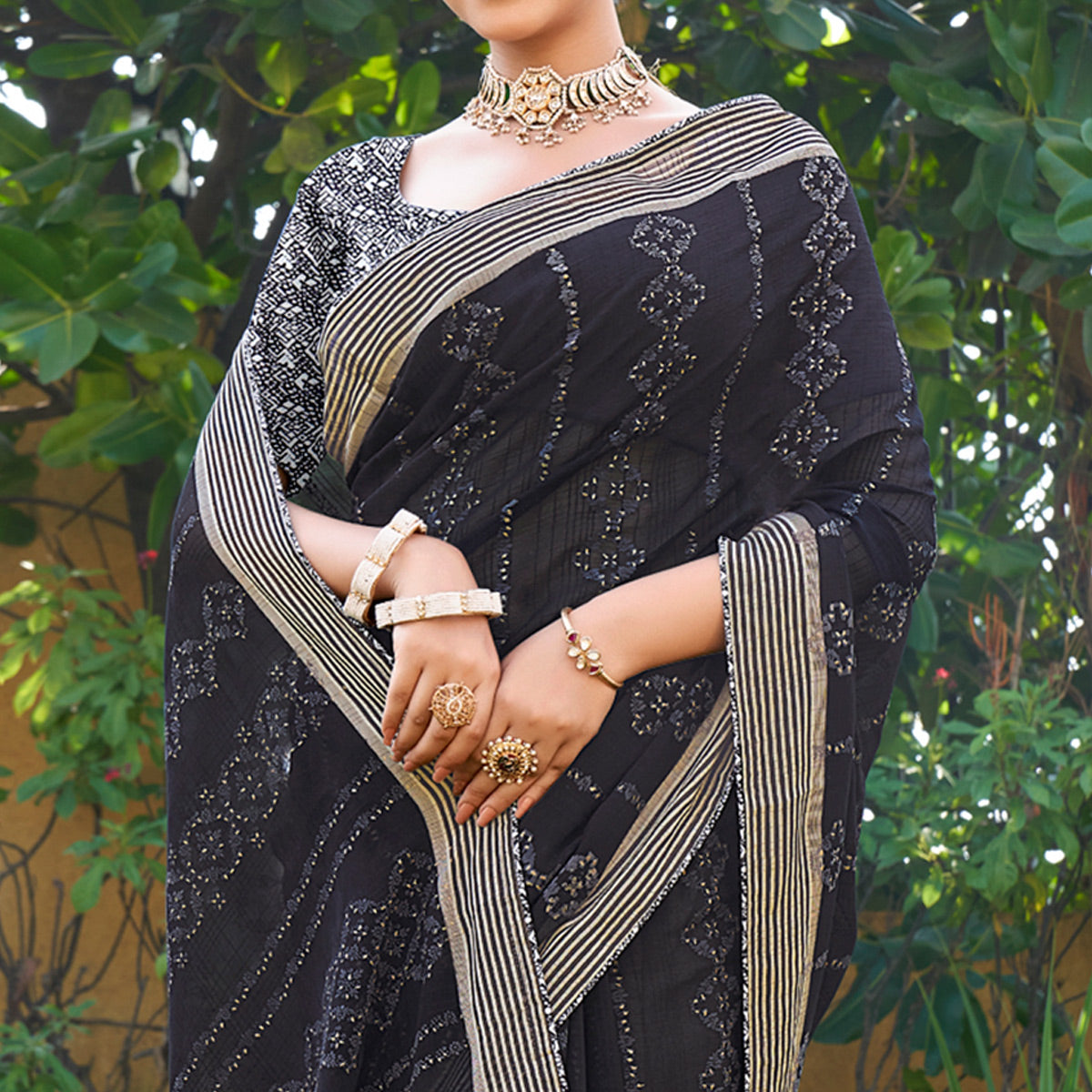 Black Printed Chiffon Saree