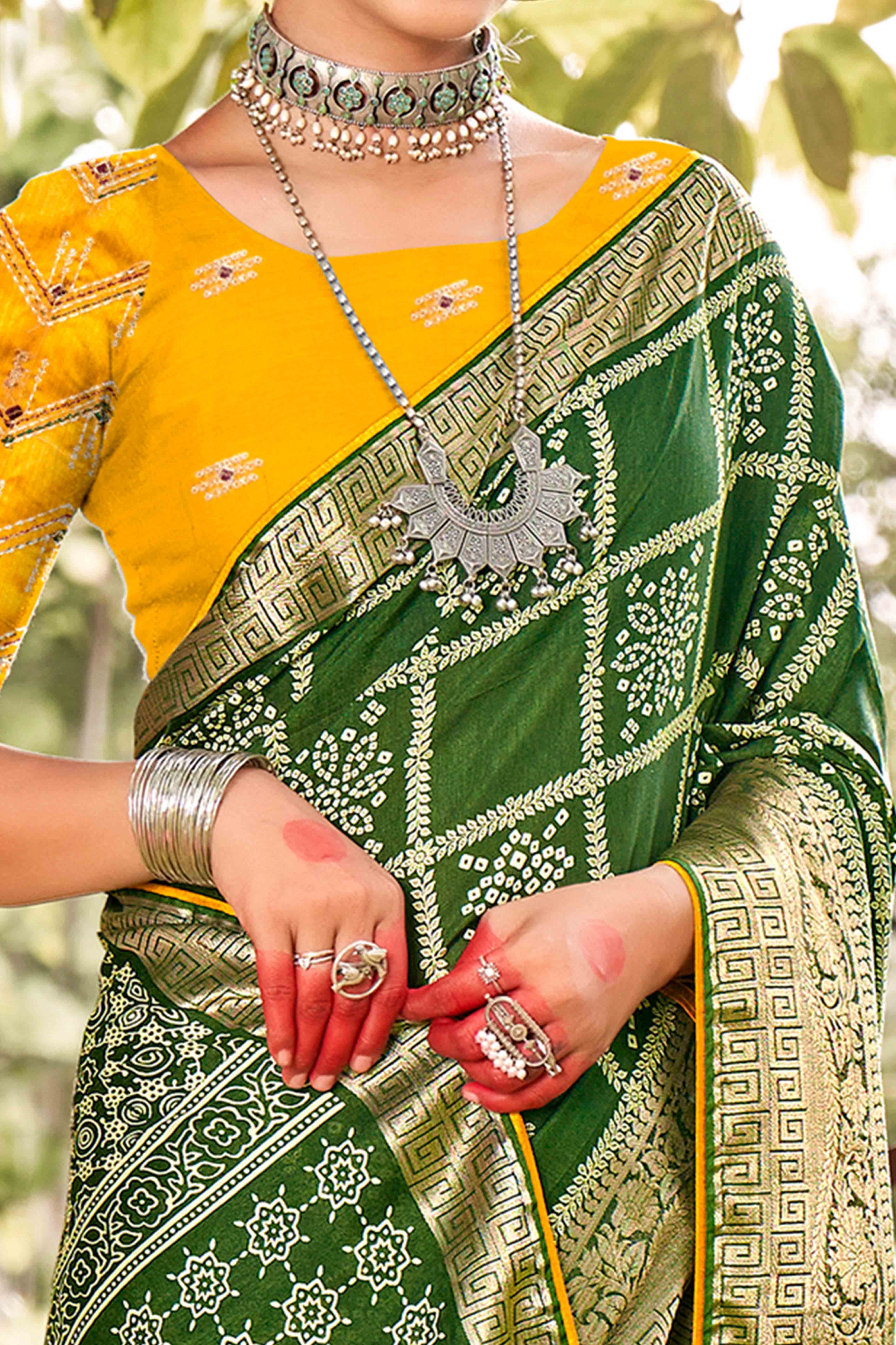 Green Bandhani Printed Dola Silk Saree With Jacquard Border