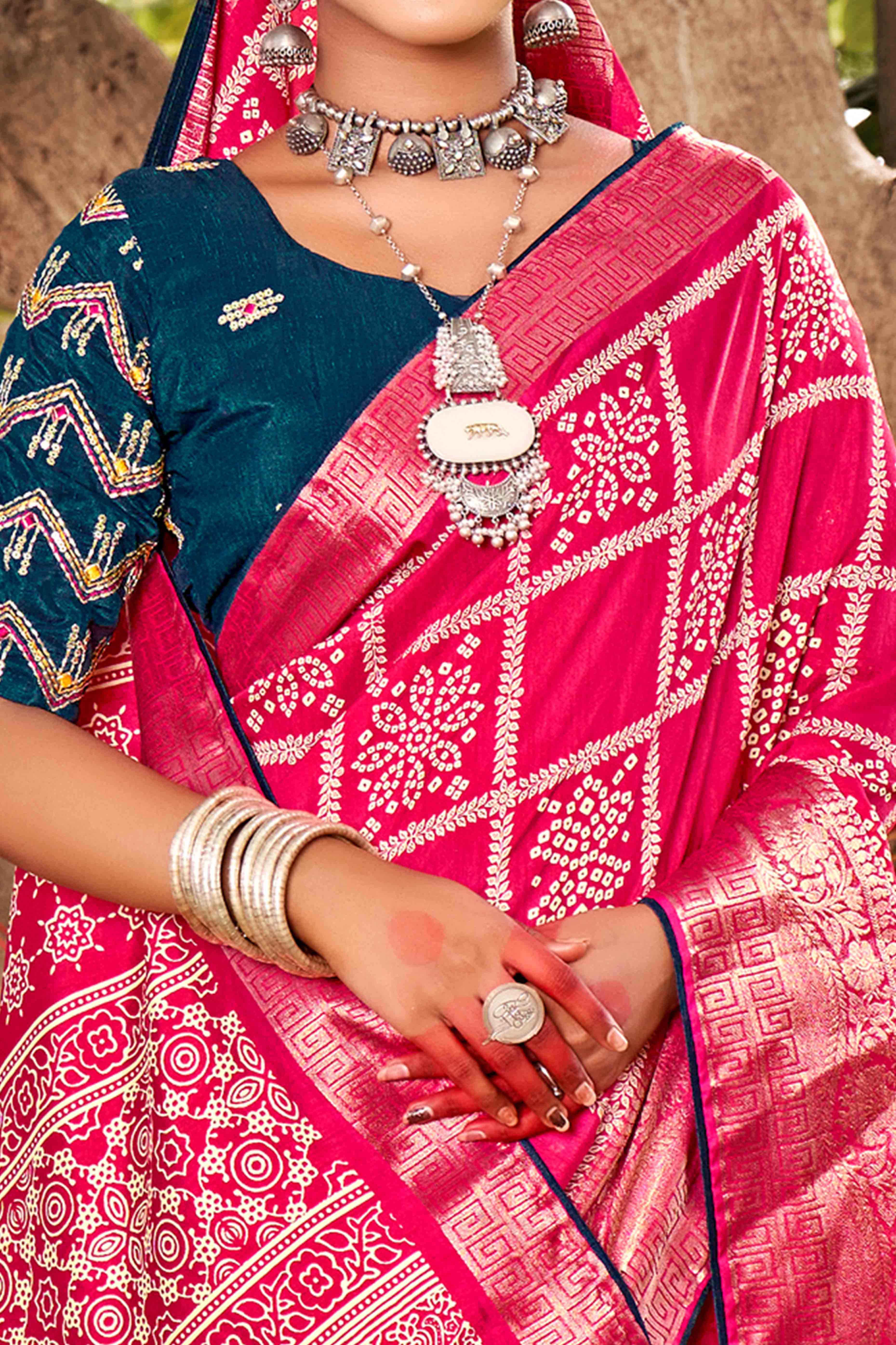 Rani Pink Bandhani Printed Dola Silk Saree With Jacquard Border