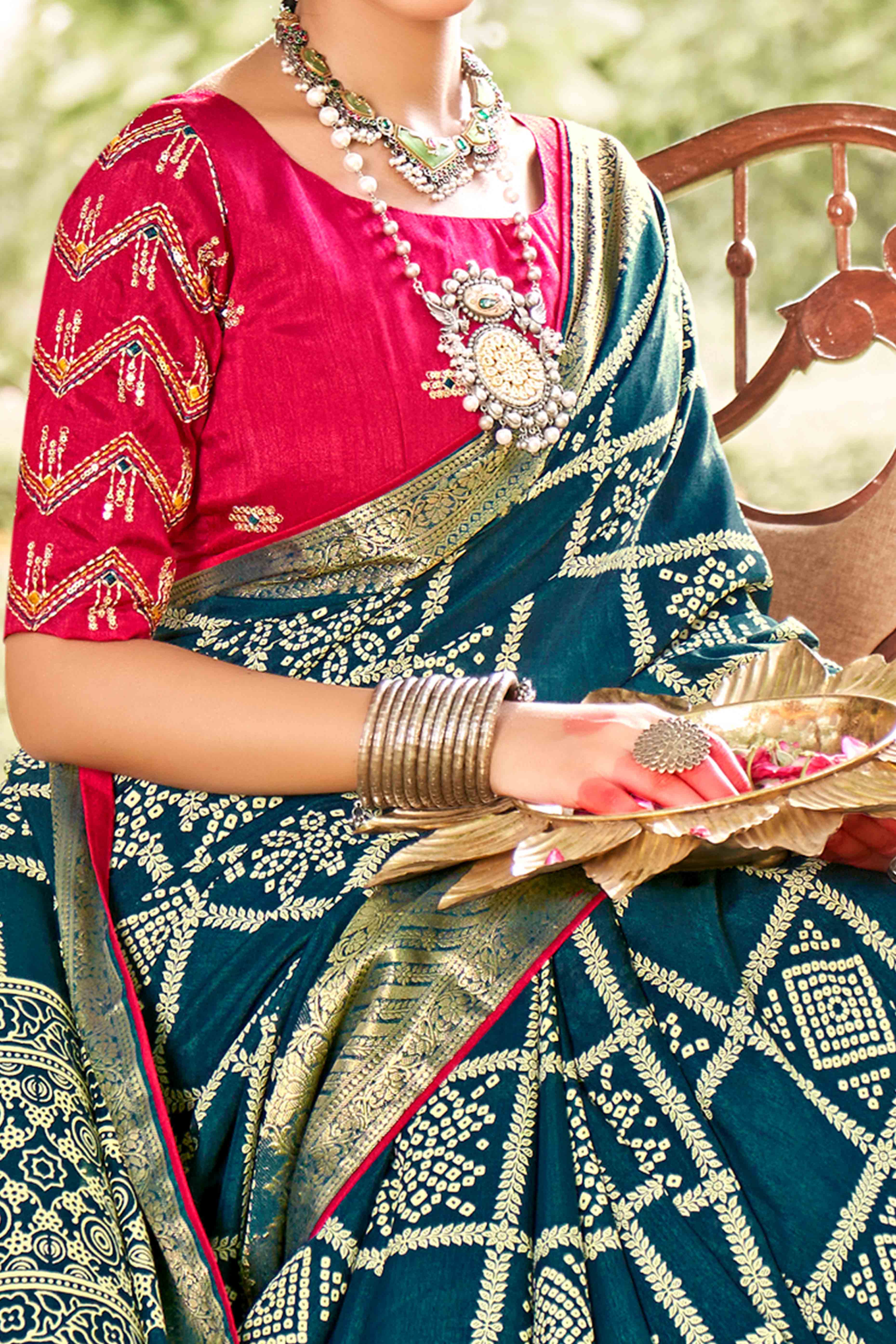 Teal Blue Bandhani Printed Dola Silk Saree With Jacquard Border