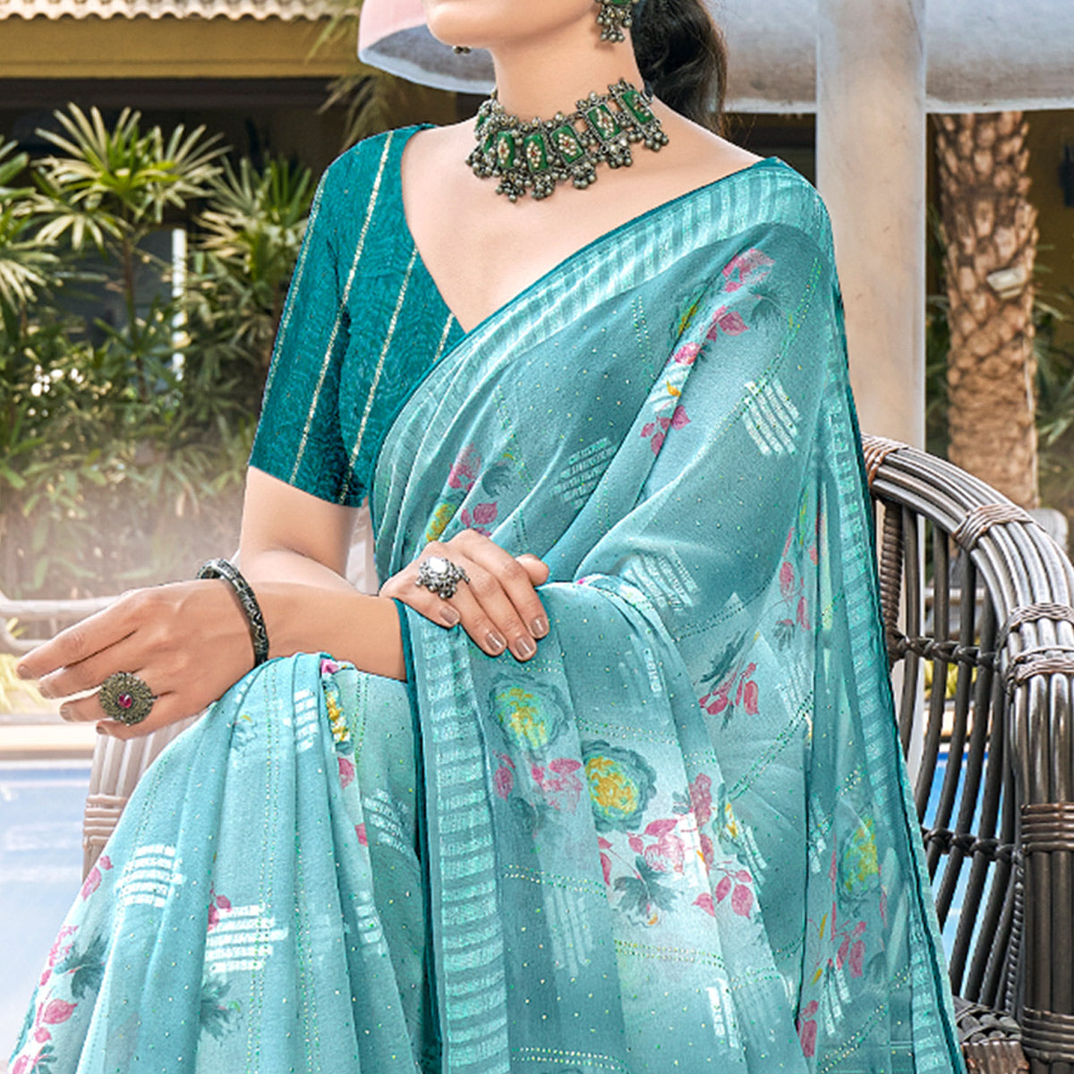 Rama Blue Printed Georgette Saree With Swarovski Work