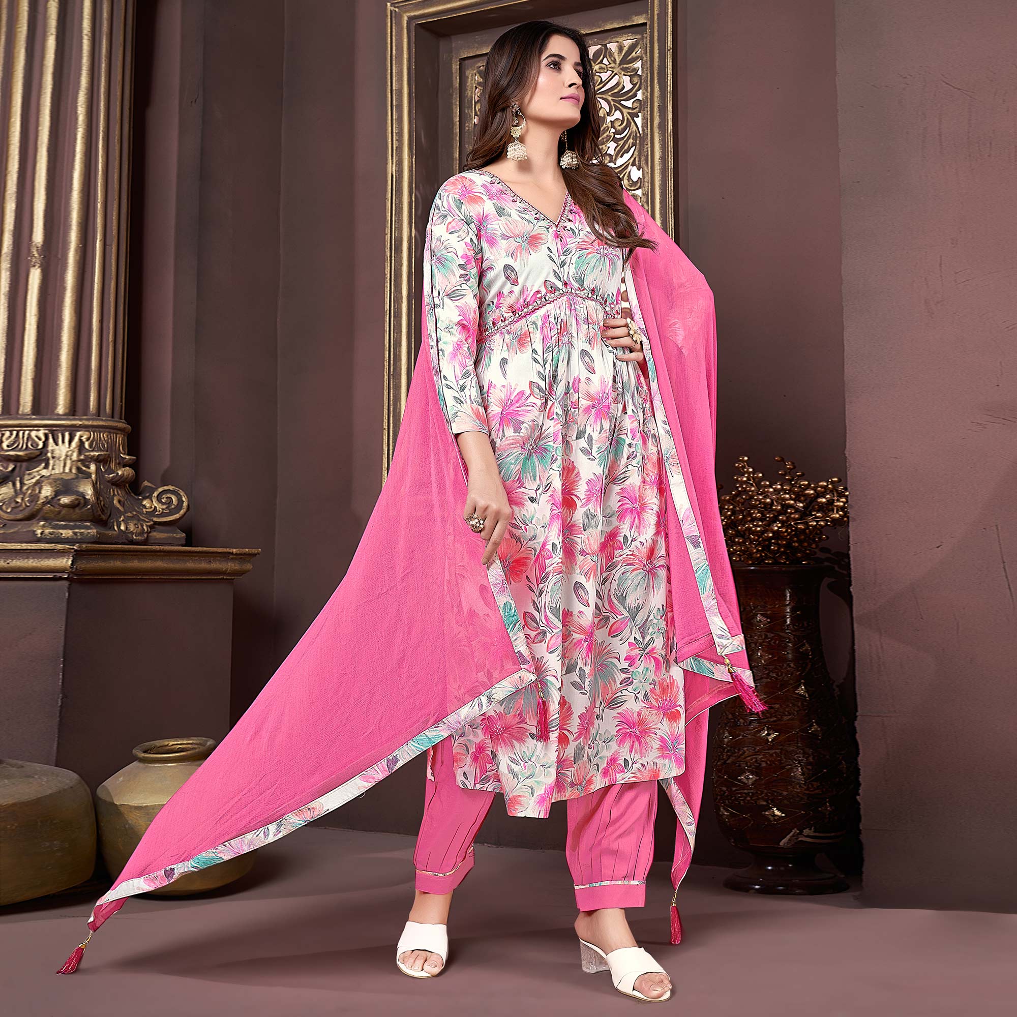 Off White & Pink Floral Printed Rayon Alia Cut Salwar Suit