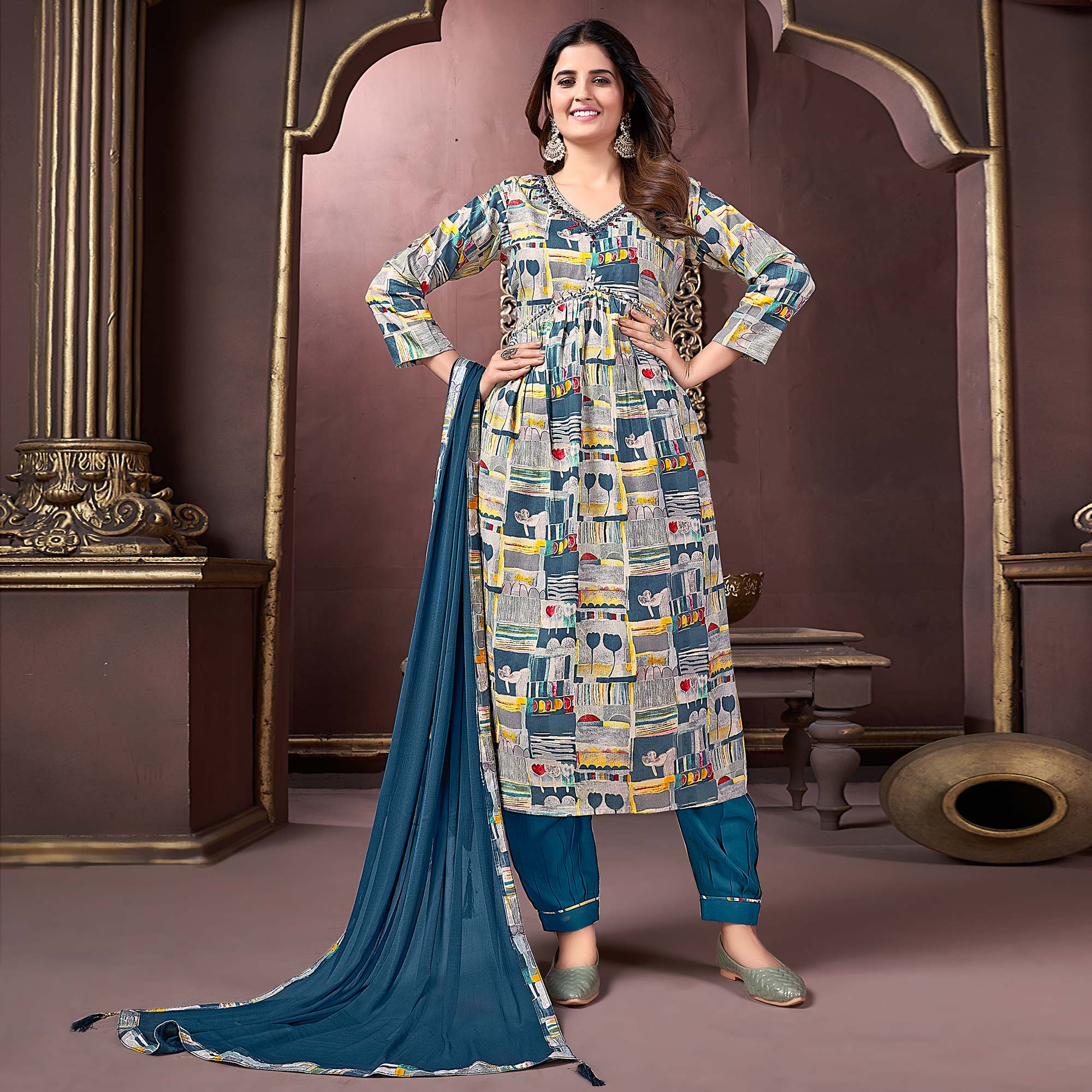 Grey & Teal Floral Printed Rayon Alia Cut Salwar Suit