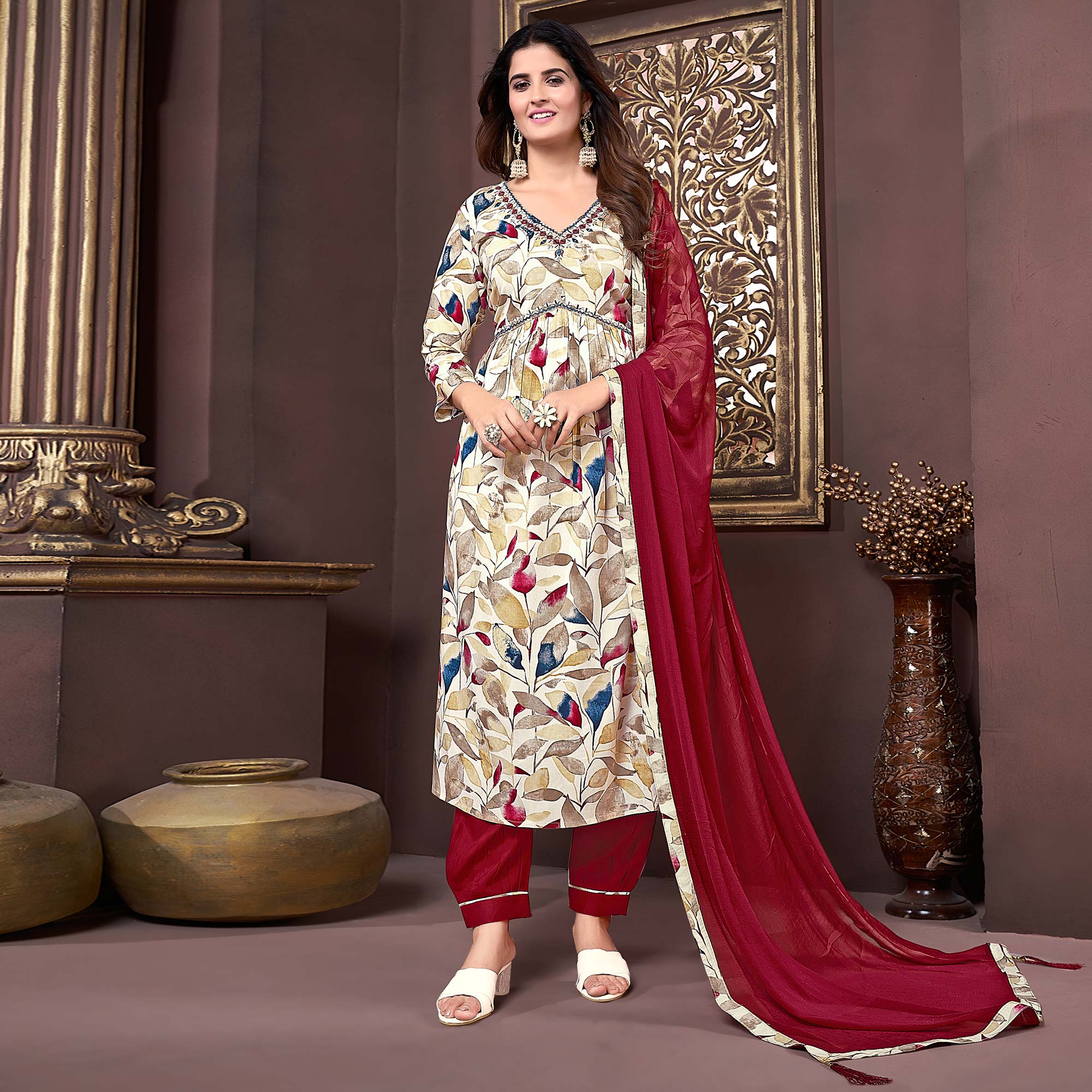 Beige & Maroon Floral Printed Rayon Alia Cut Salwar Suit