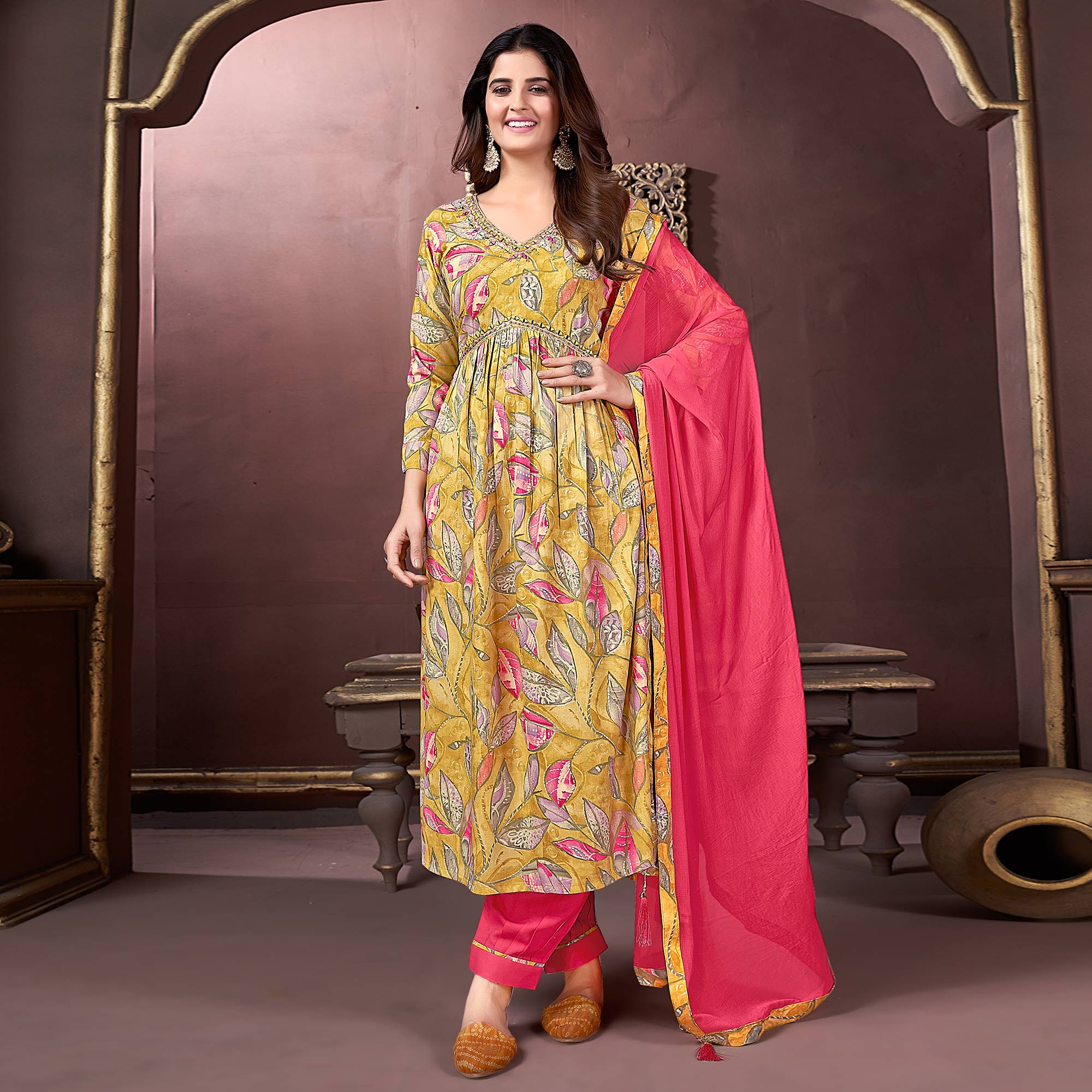 Mustard Floral Printed Rayon Alia Cut Salwar Suit