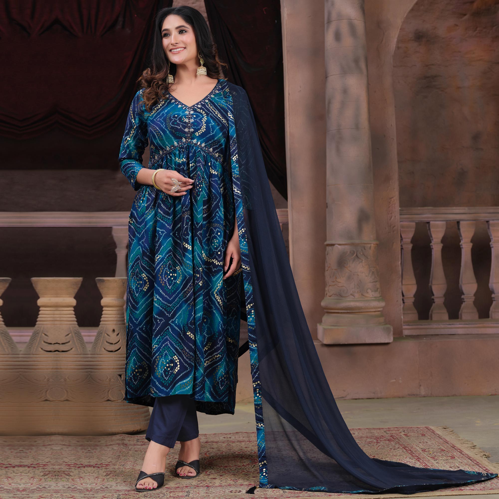 Blue Floral Printed Rayon Alia Cut Salwar Suit