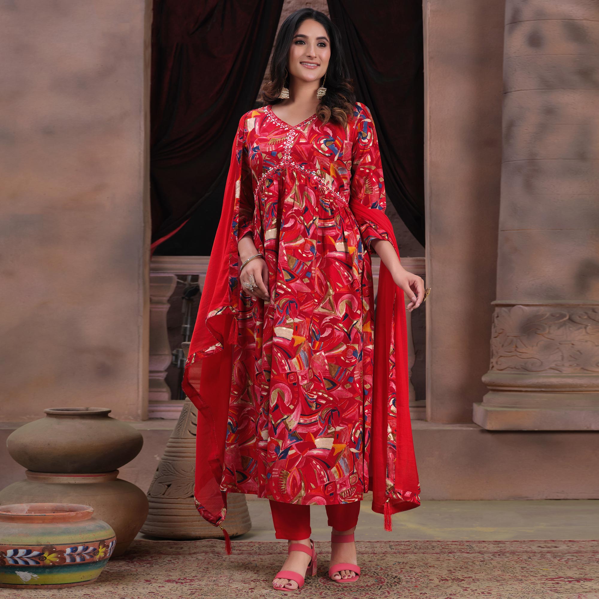 Red Floral Printed Rayon Alia Cut Salwar Suit