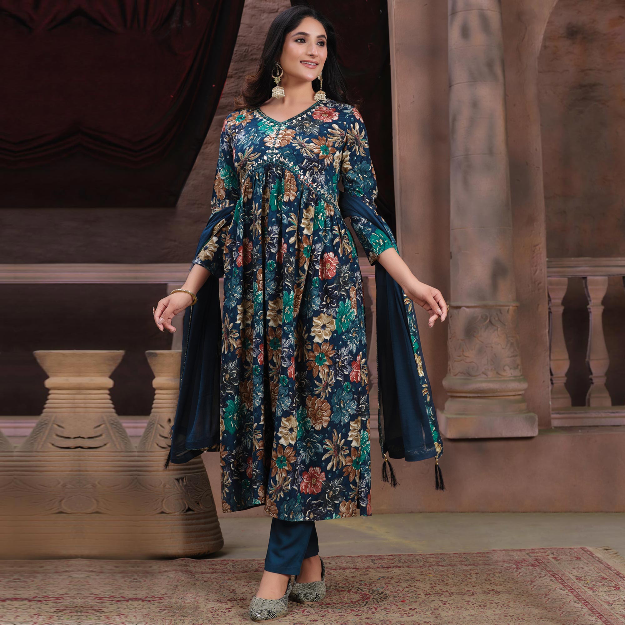 Navy Blue Floral Printed Rayon Alia Cut Salwar Suit