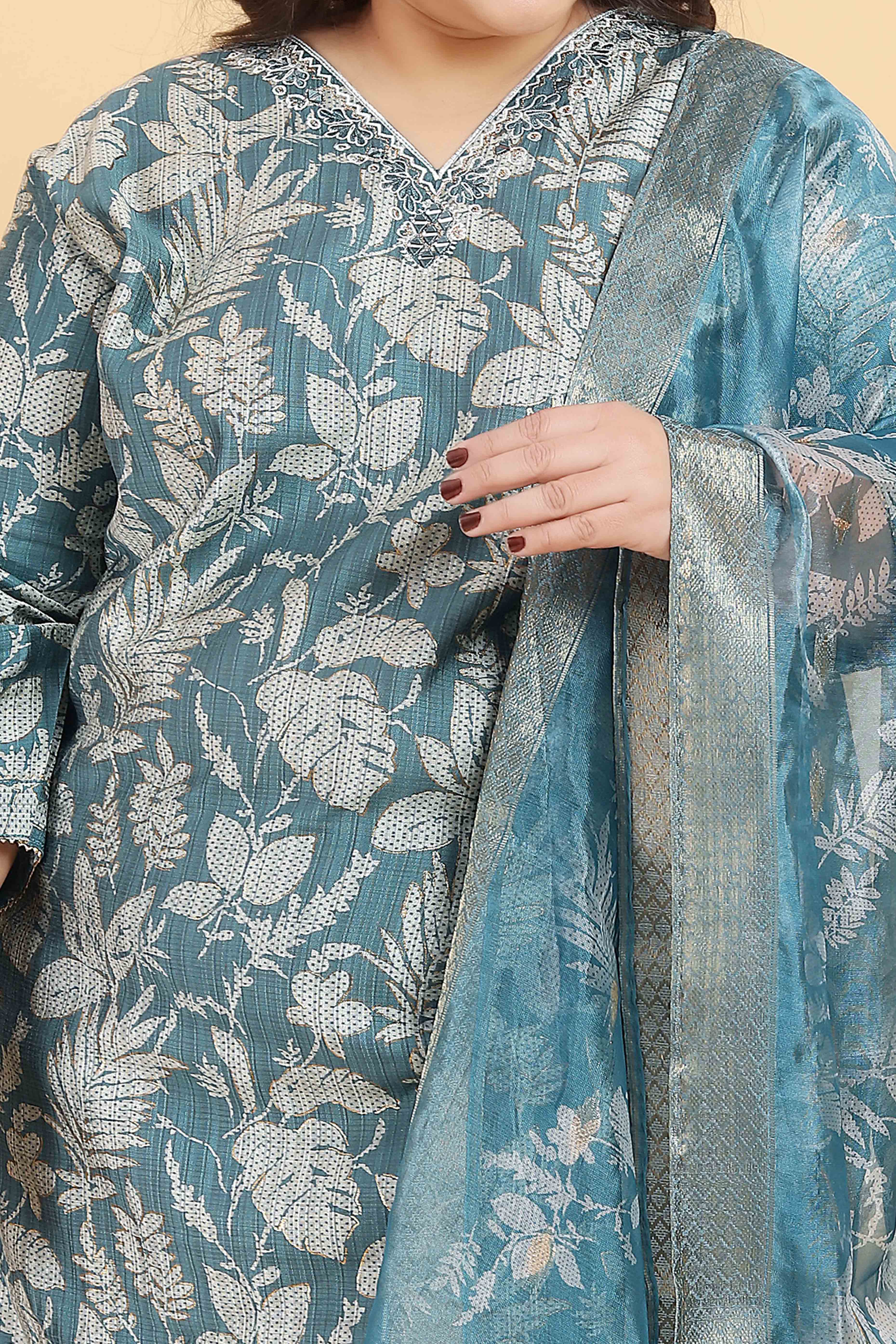 Sage Blue Floral Foil Printed With Mirror Handwork Viscose Salwar Suit