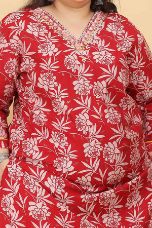Red Floral Printed Viscose Straight Salwar Suit - Image 2