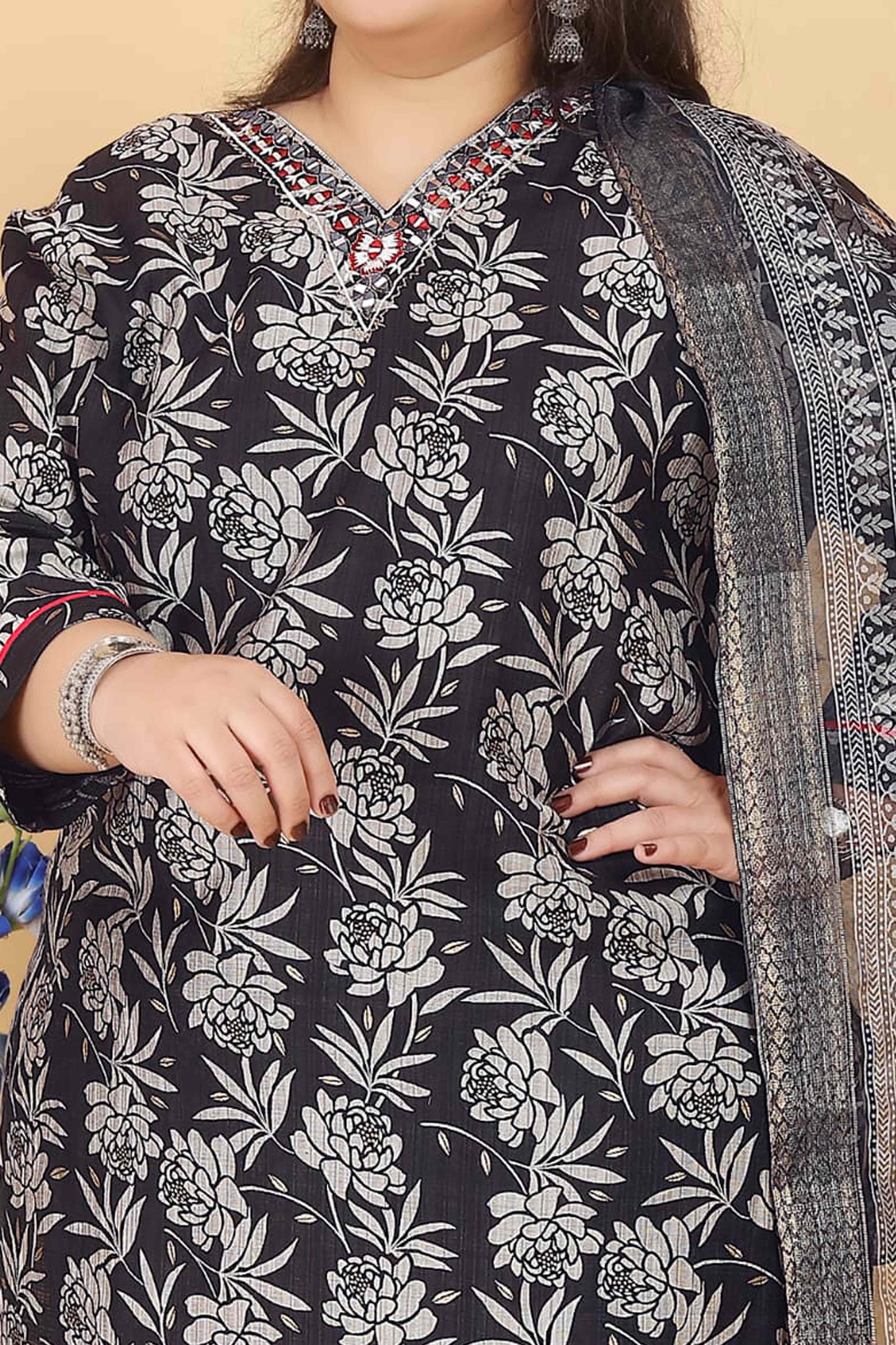 Black Floral Printed Viscose Straight Salwar Suit