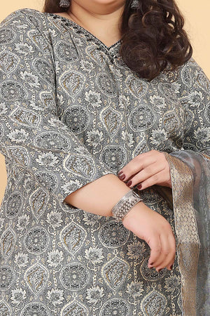 Grey Rayon Straight Salwar Suit Set with Delicate Floral Prints & Side Pockets