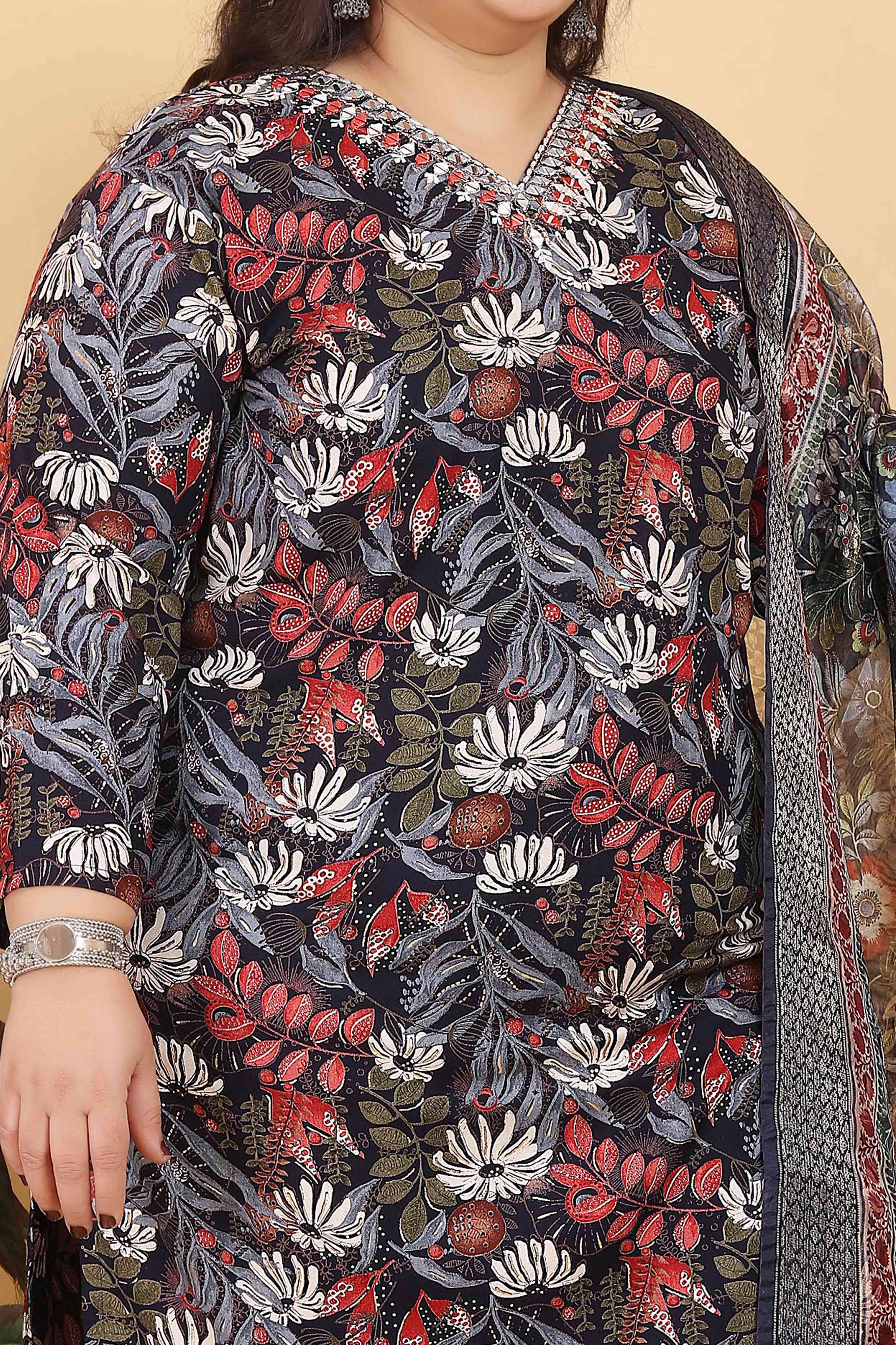 Black Rayon Straight Salwar Suit Set with Delicate Floral Prints & Side Pockets