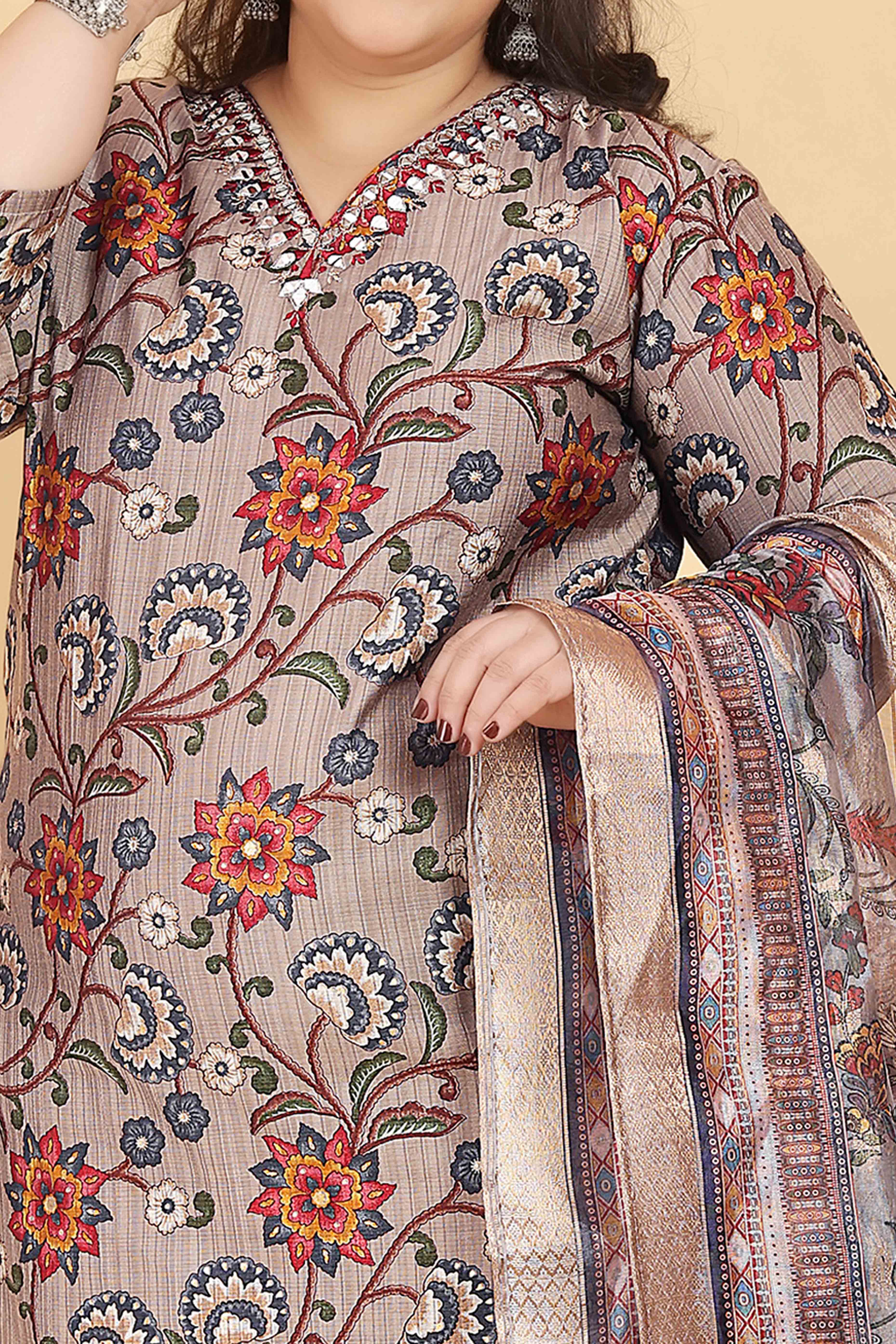 Grey Floral Foil Printed With Mirror Handwork Viscose Salwar Suit