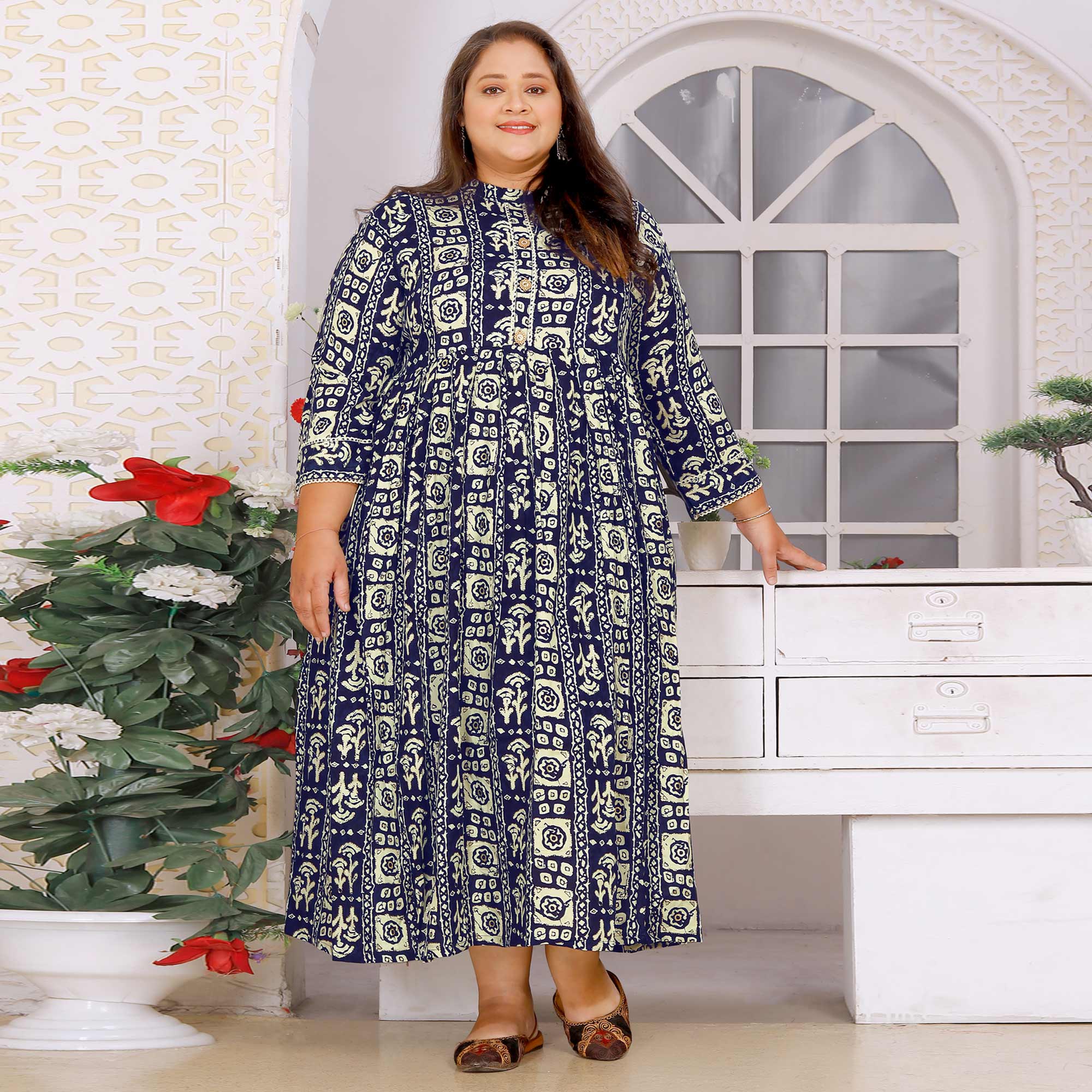 Blue Floral Printed Rayon Long Kurti