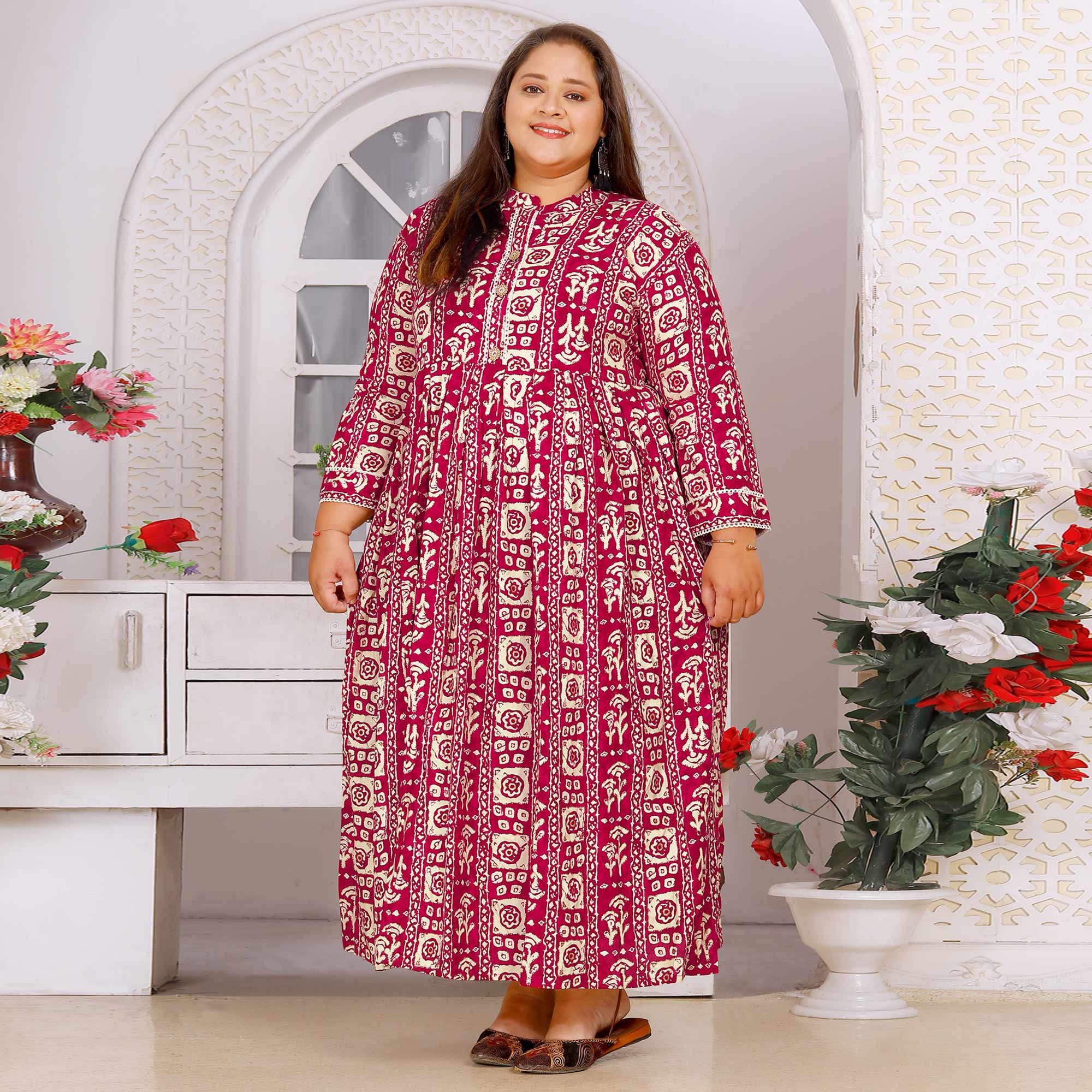 Pink Floral Printed Rayon Long Kurti