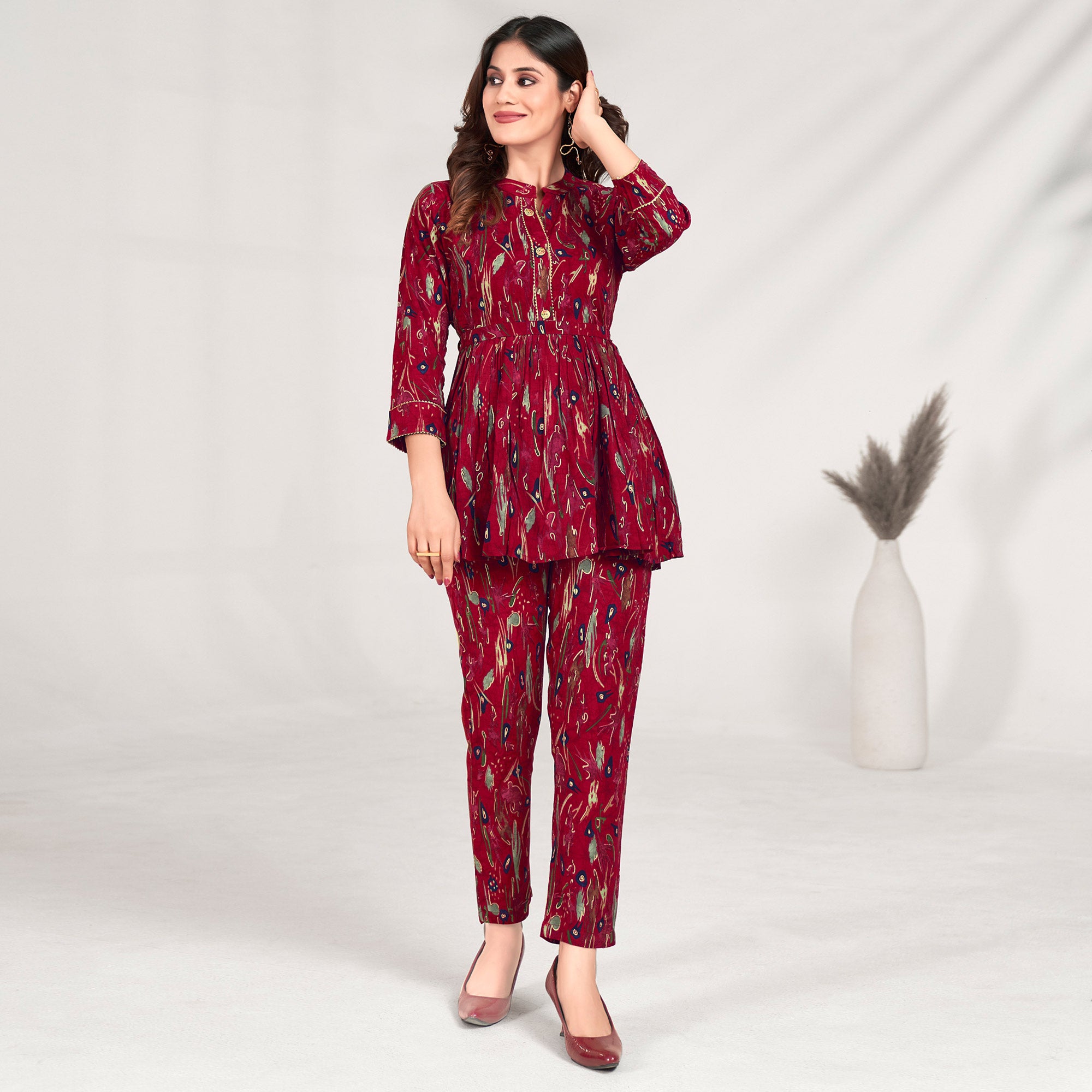 Dark Red Foil Printed Rayon Co Ord Set